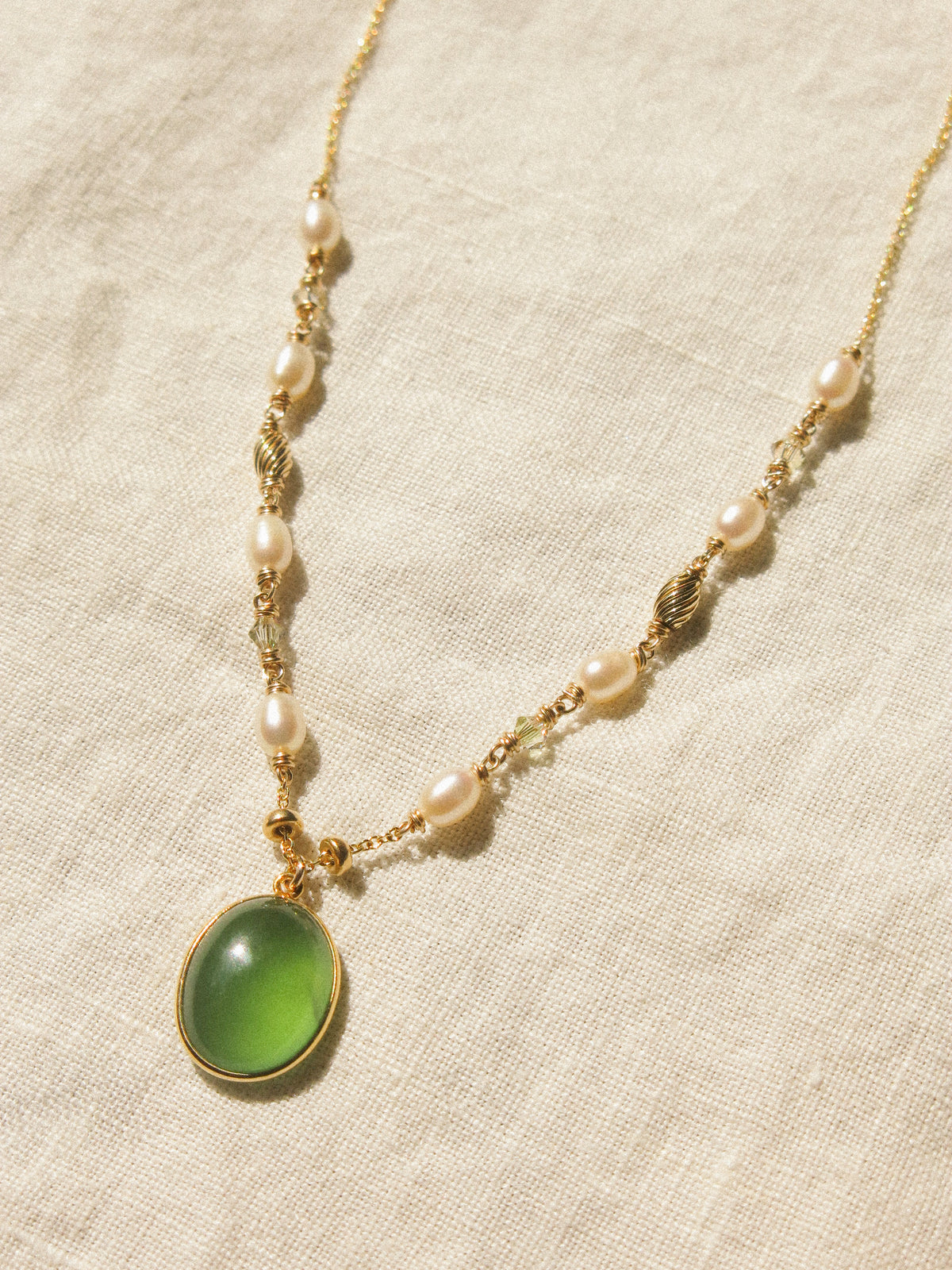 Serpentine Gold Vermeil Bezel Pendant Necklace with White Pearl and Swarovski Crystal, 14K Gold Fill