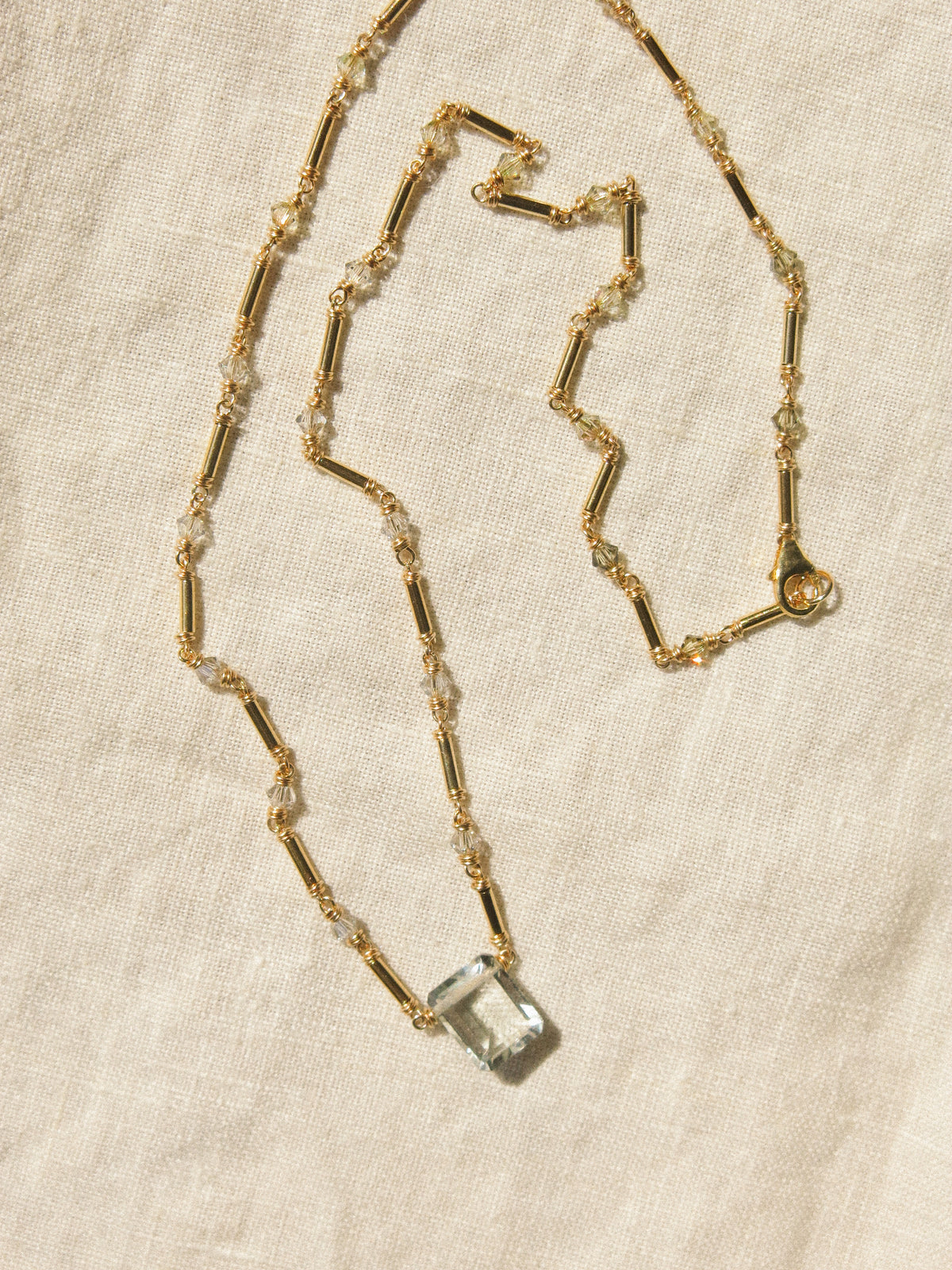 Emerald Cut Prasiolite Necklace with Tube Gold Fill Beads and Swarovski Crystal Chain, 14K Gold Fill