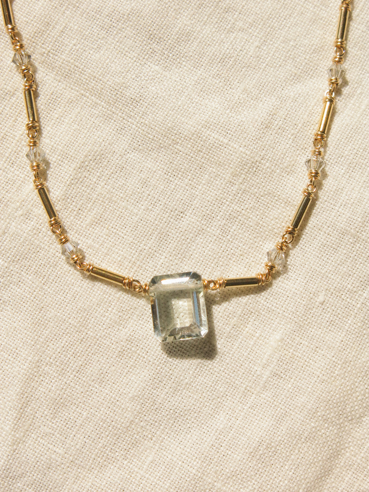 Emerald Cut Prasiolite Necklace with Tube Gold Fill Beads and Swarovski Crystal Chain, 14K Gold Fill