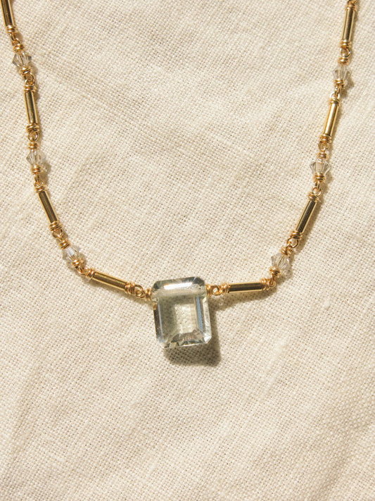 Emerald Cut Prasiolite Necklace with Tube Gold Fill Beads and Swarovski Crystal Chain, 14K Gold Fill