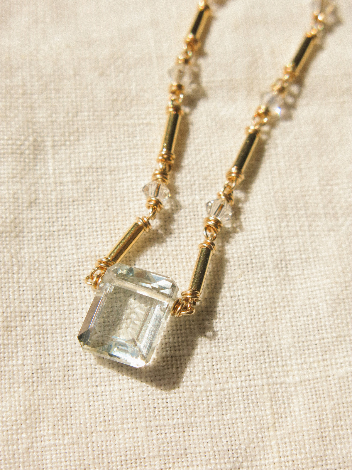 Emerald Cut Prasiolite Necklace with Tube Gold Fill Beads and Swarovski Crystal Chain, 14K Gold Fill
