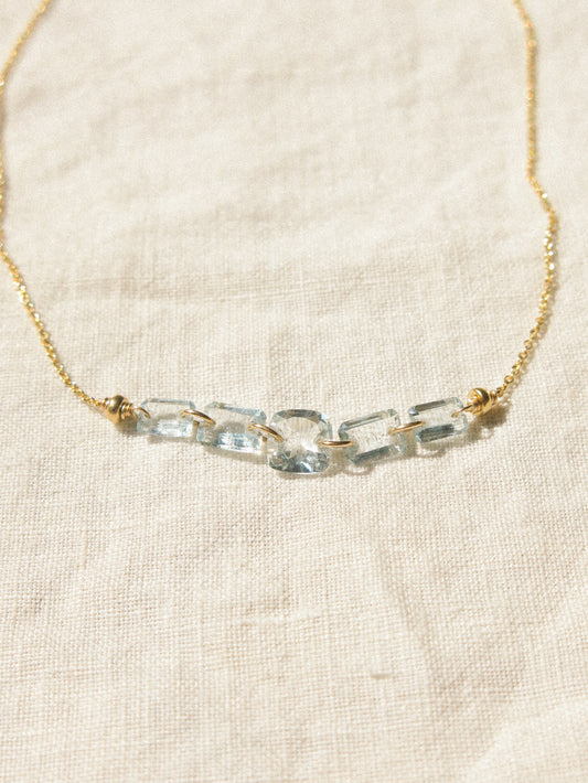 Five Petit Faceted Aquamarine Dainty Necklace, 14K Gold Fill