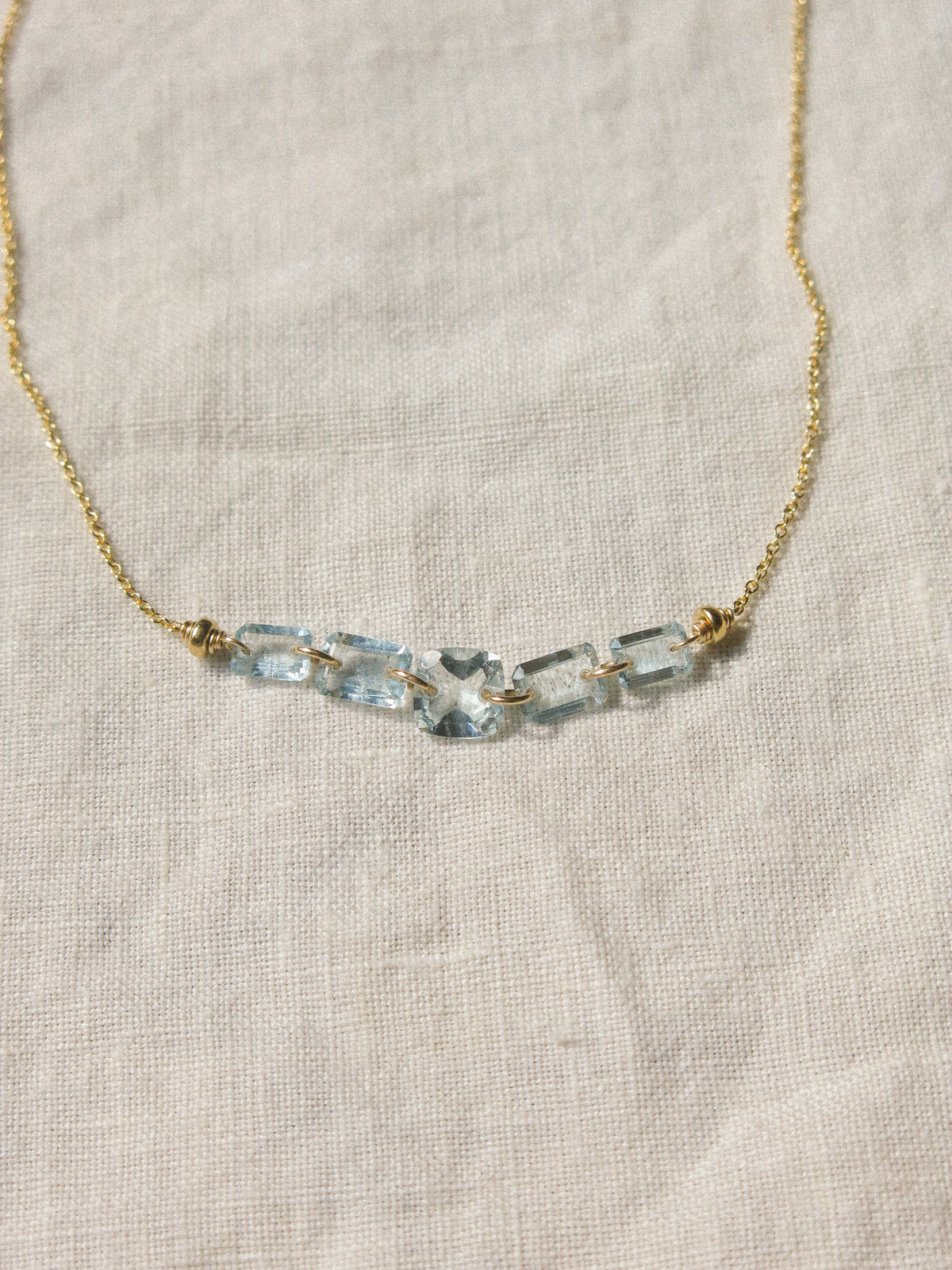 Five Petit Faceted Aquamarine Dainty Necklace, 14K Gold Fill