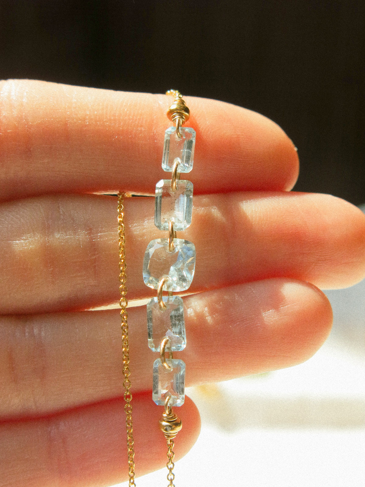 Five Petit Faceted Aquamarine Dainty Necklace, 14K Gold Fill