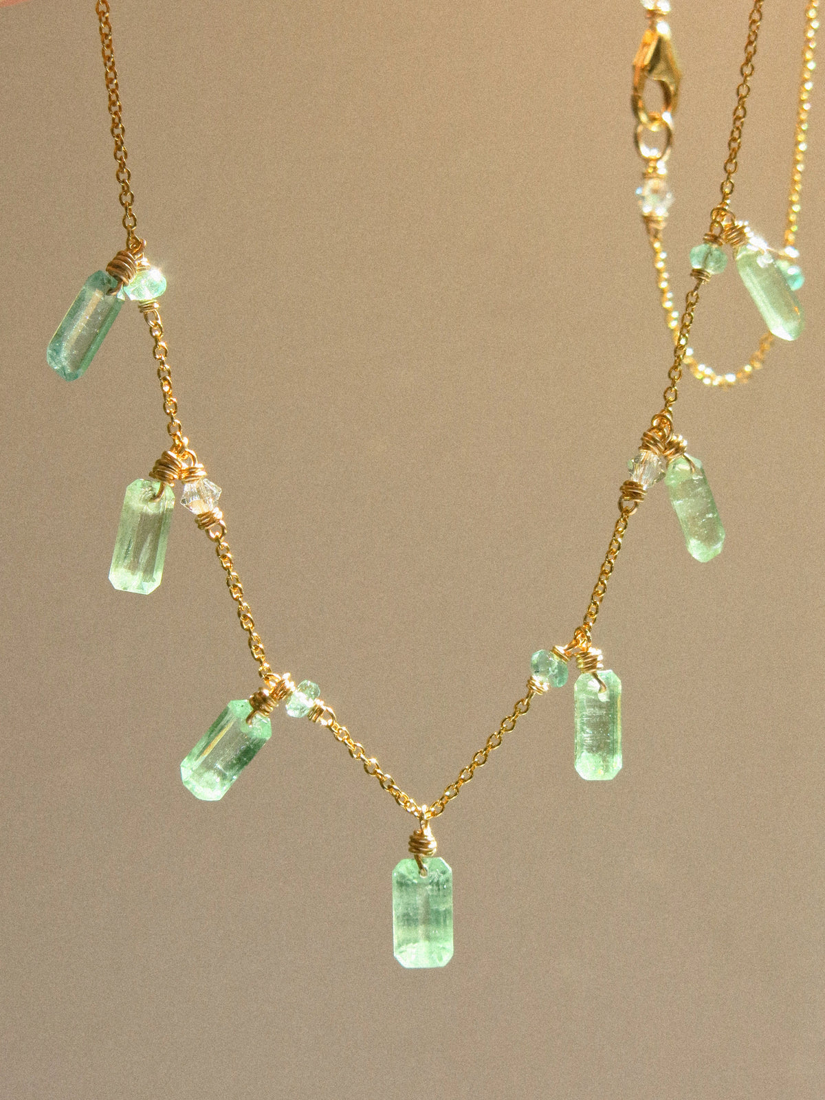 Baguette Cut Green Kyanite Charm Necklace with Zambian Emerald and Swarovski Crystal, 14K Gold Fill