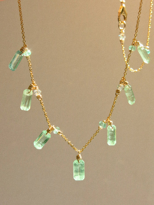 Baguette Cut Green Kyanite Charm Necklace with Zambian Emerald and Swarovski Crystal, 14K Gold Fill