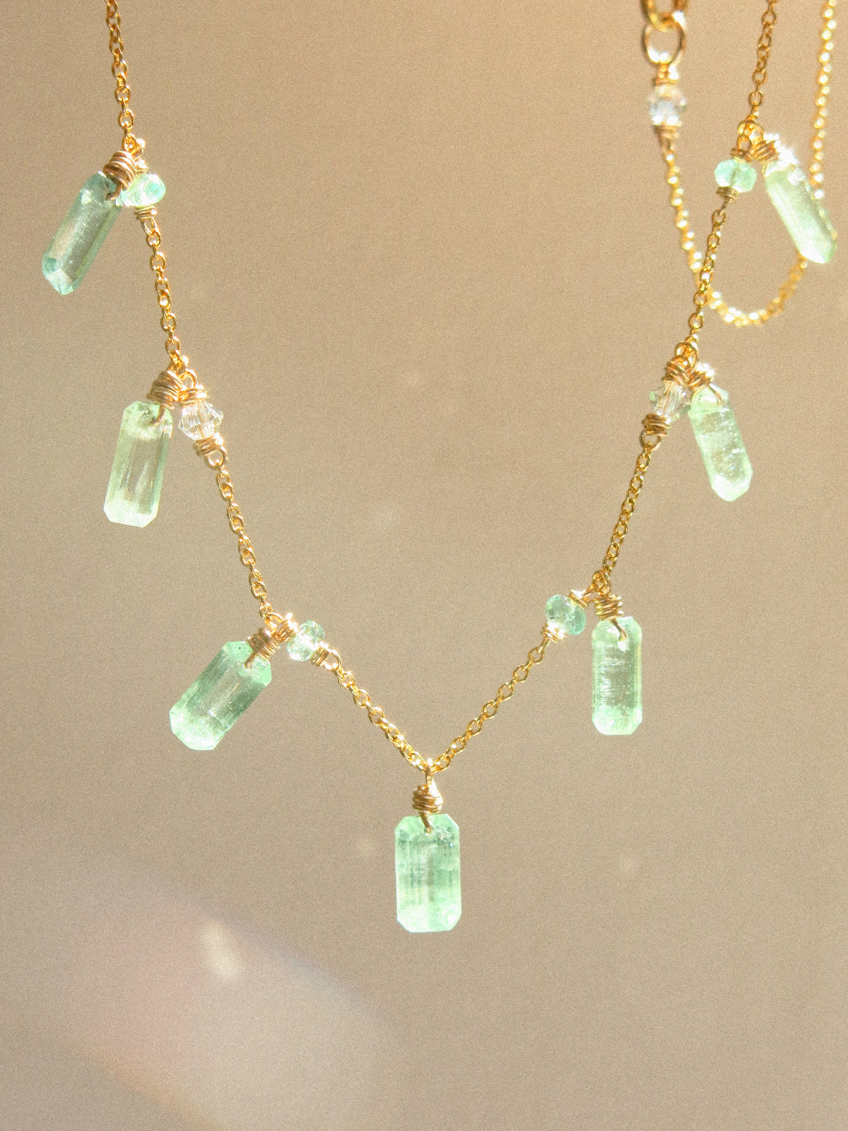 Baguette Cut Green Kyanite Charm Necklace with Zambian Emerald and Swarovski Crystal, 14K Gold Fill