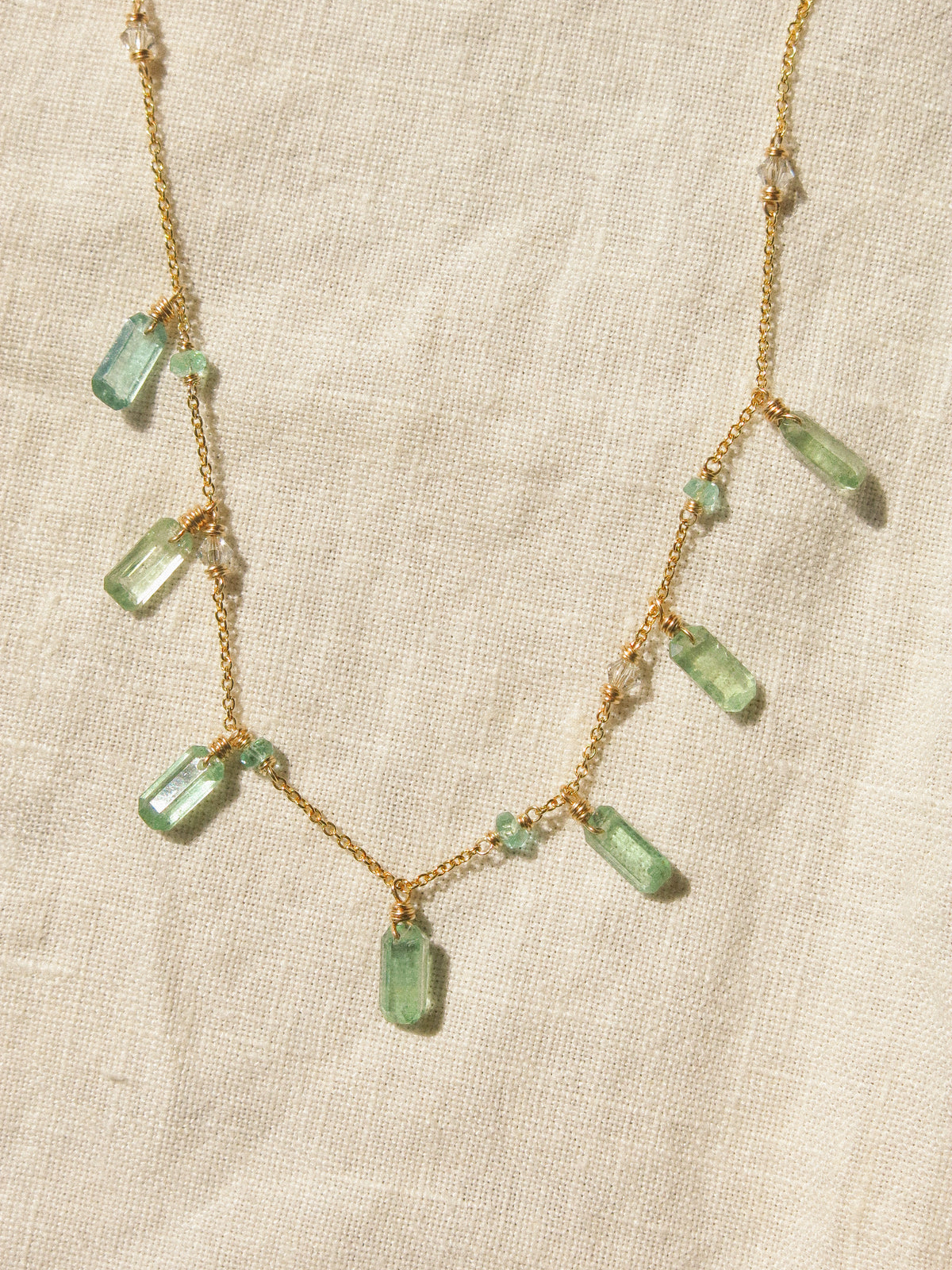 Baguette Cut Green Kyanite Charm Necklace with Zambian Emerald and Swarovski Crystal, 14K Gold Fill