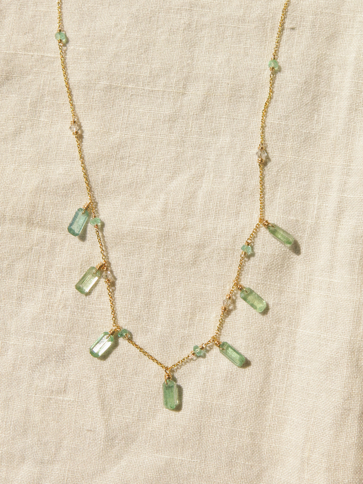Baguette Cut Green Kyanite Charm Necklace with Zambian Emerald and Swarovski Crystal, 14K Gold Fill