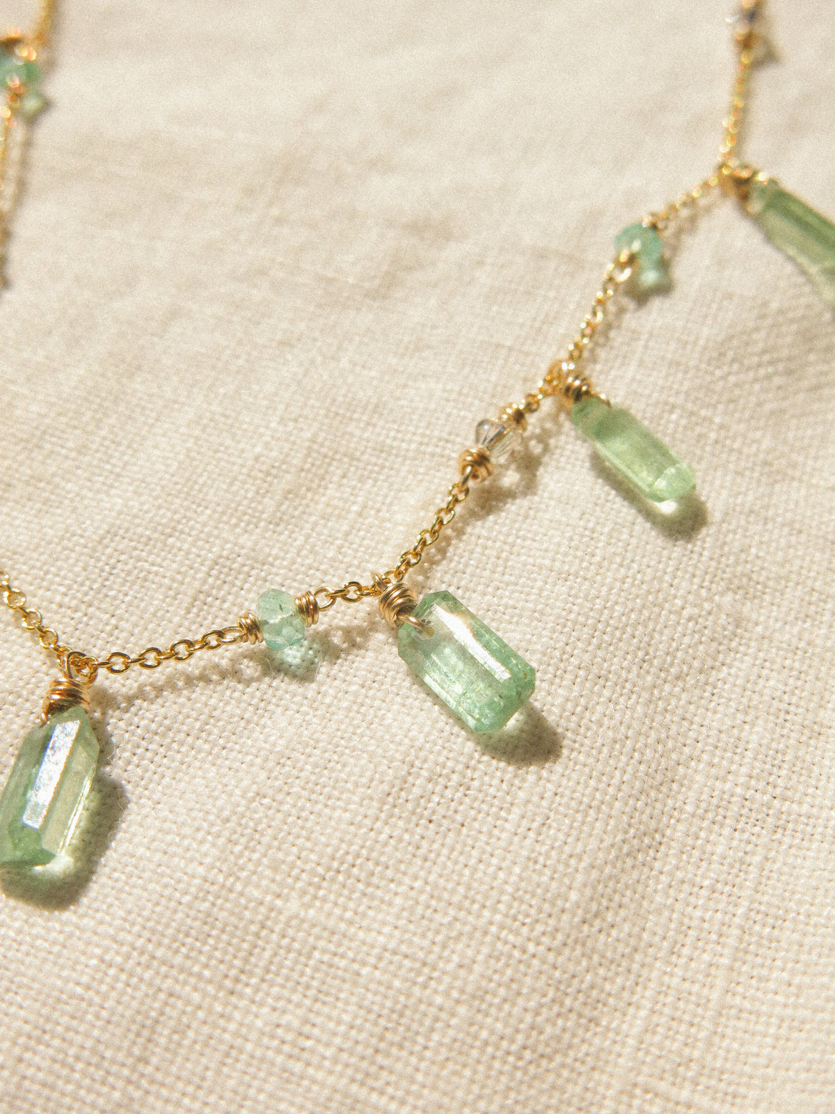 Baguette Cut Green Kyanite Charm Necklace with Zambian Emerald and Swarovski Crystal, 14K Gold Fill