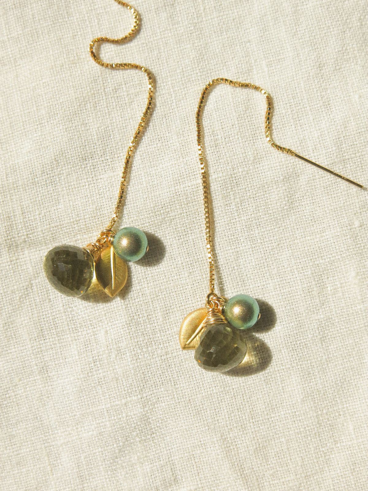Lush Meadow Threaders: Olive Quartz, Glass Pearl, and Leaf Charm Threader Earrings, 14K Gold Fill