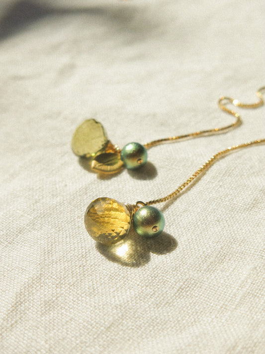 Lush Meadow Threaders: Olive Quartz, Glass Pearl, and Leaf Charm Threader Earrings, 14K Gold Fill
