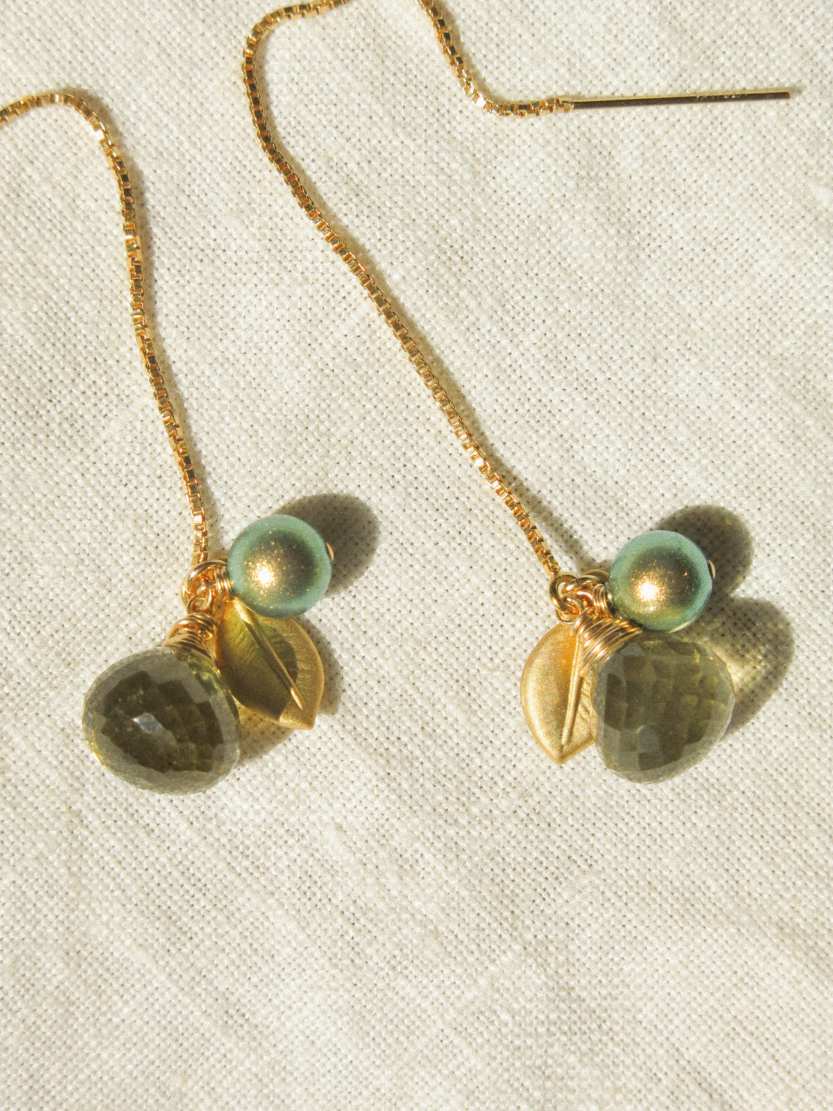 Lush Meadow Threaders: Olive Quartz, Glass Pearl, and Leaf Charm Threader Earrings, 14K Gold Fill