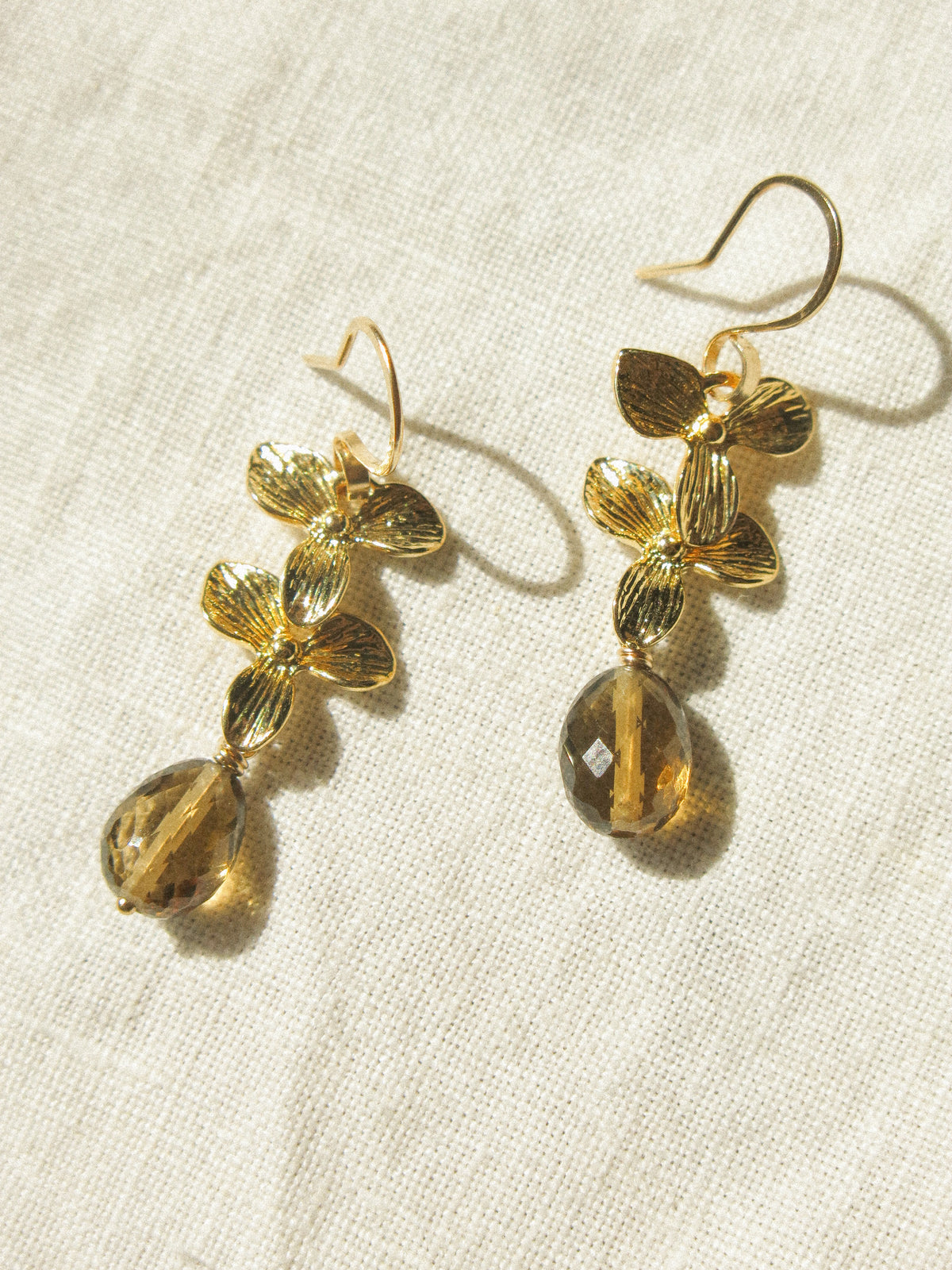 Cognac Quartz Floral Cascading Earrings, 14K Gold Fill