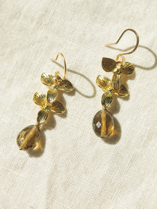 Cognac Quartz Floral Cascading Earrings, 14K Gold Fill