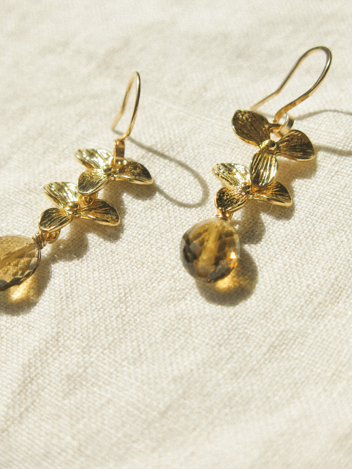 Cognac Quartz Floral Cascading Earrings, 14K Gold Fill