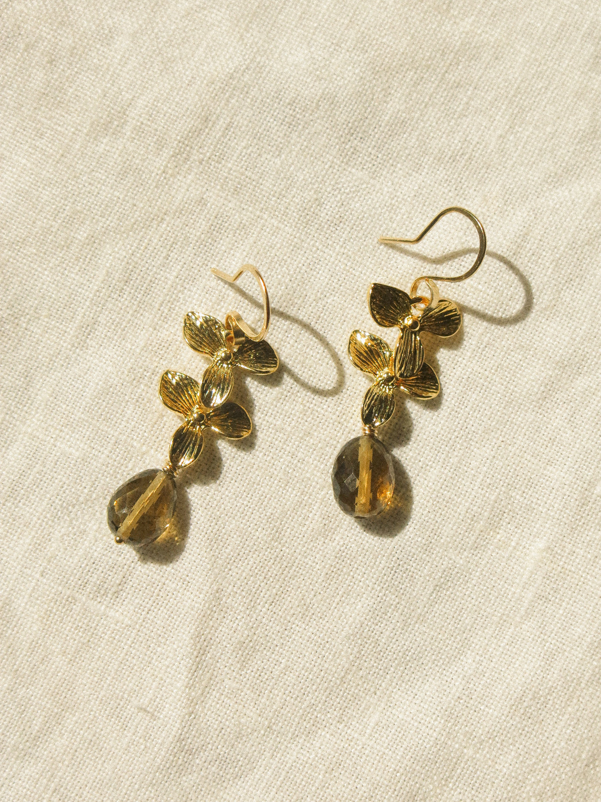 Cognac Quartz Floral Cascading Earrings, 14K Gold Fill