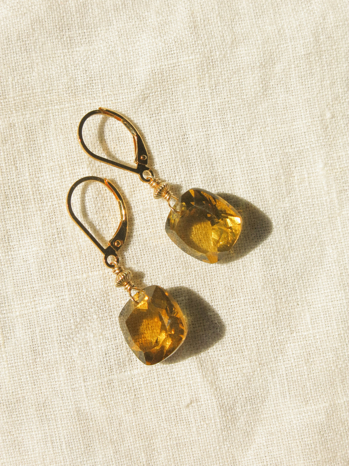 Cushion Cut Cognac Quartz Lever Back Earrings, 14K Gold Fill