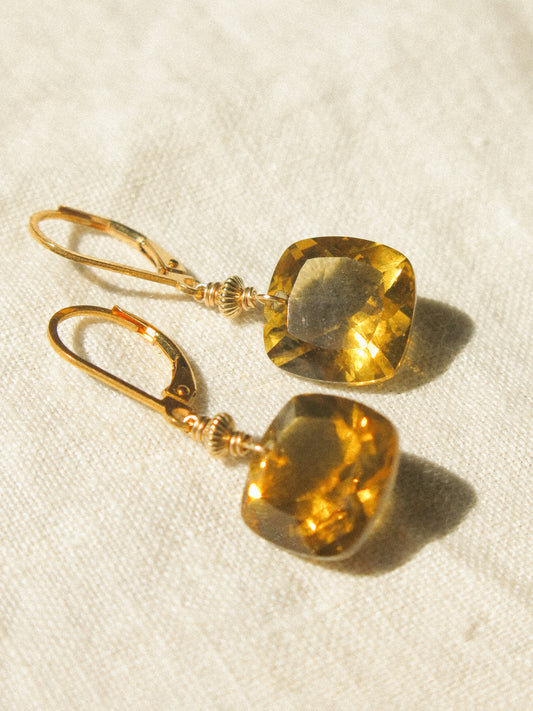Cushion Cut Cognac Quartz Lever Back Earrings, 14K Gold Fill