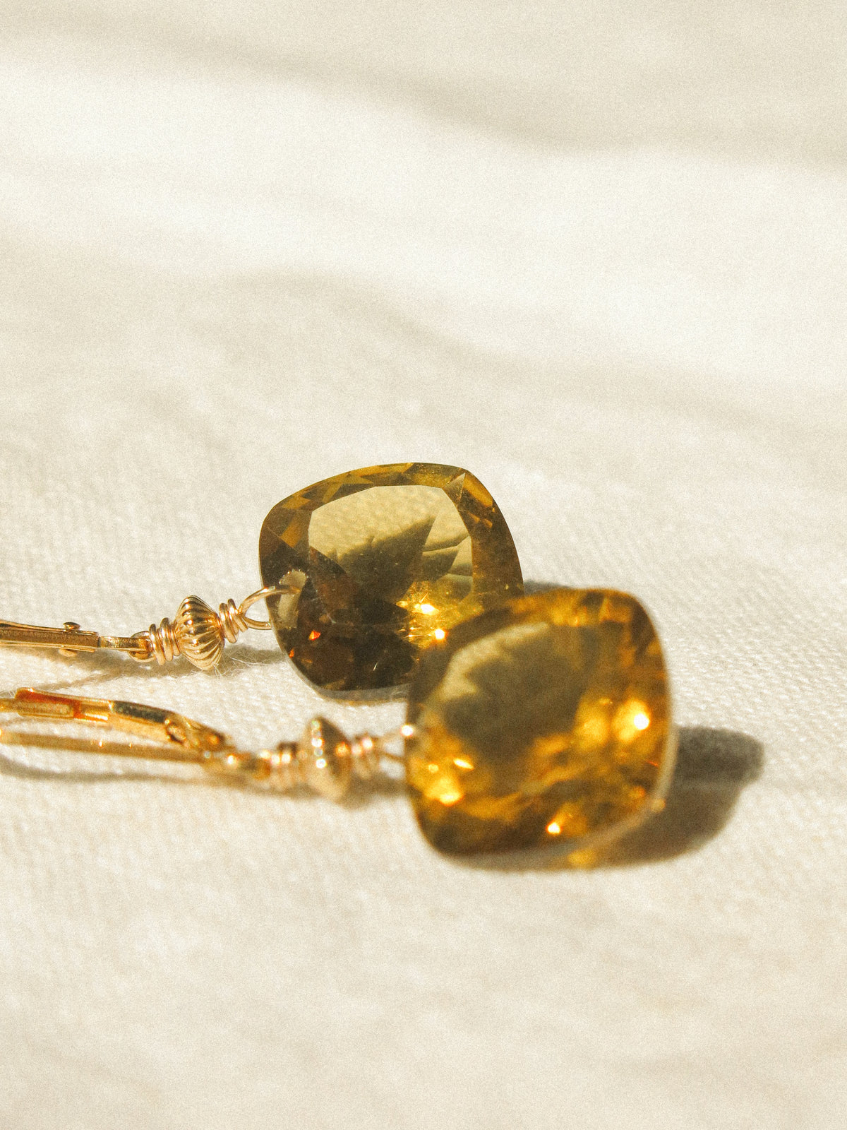 Cushion Cut Cognac Quartz Lever Back Earrings, 14K Gold Fill