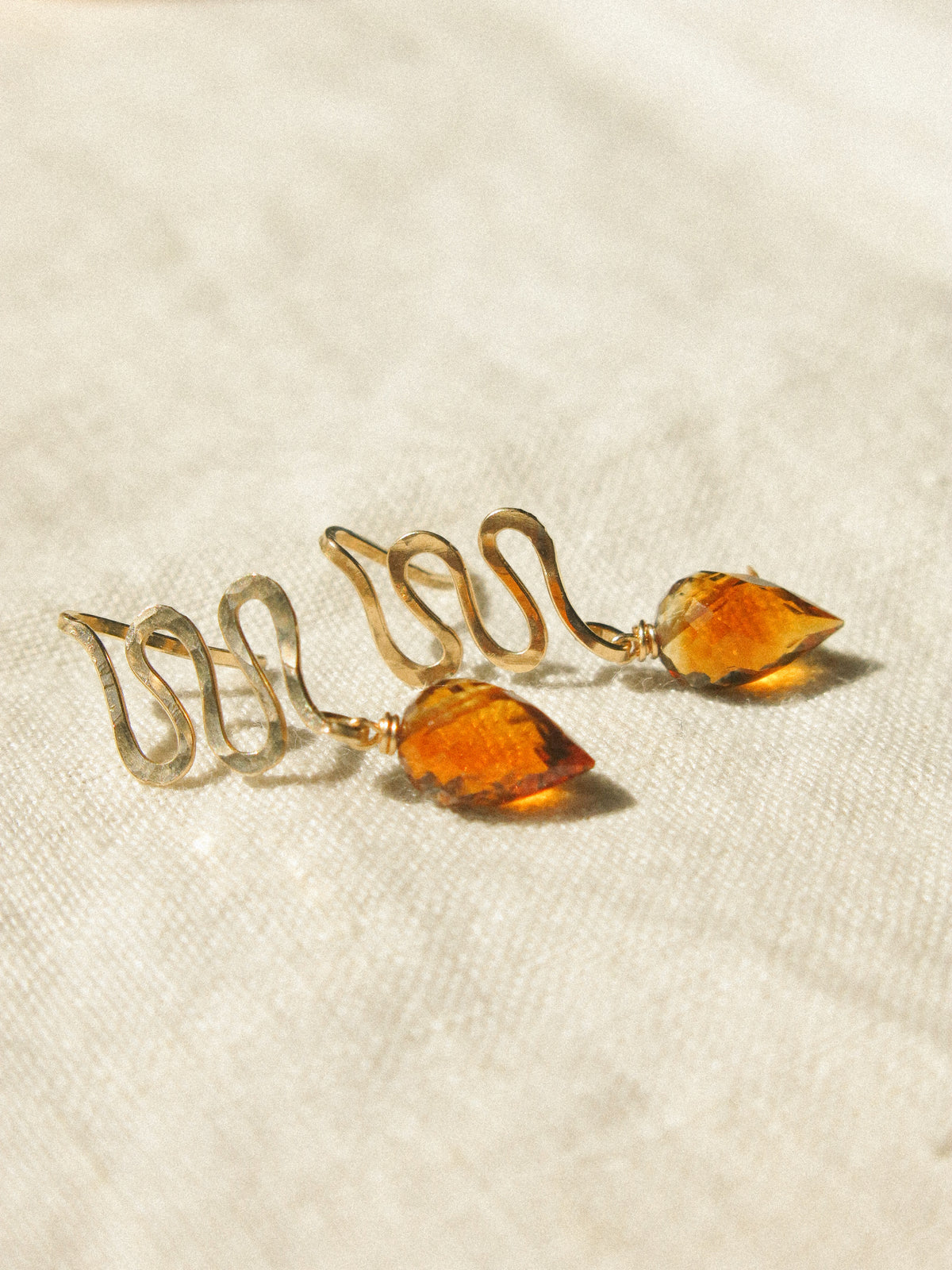 Petit Serpent: Textured Mini Snake and Brandy Citrine Earrings, 14K Gold Fill
