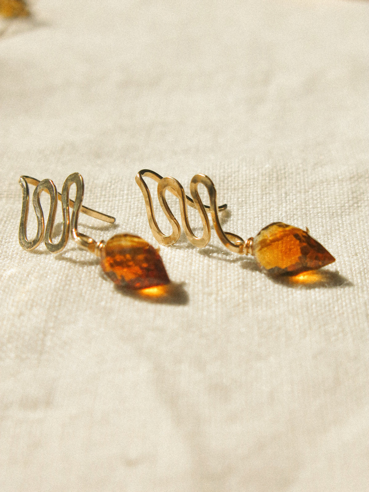 Petit Serpent: Textured Mini Snake and Brandy Citrine Earrings, 14K Gold Fill