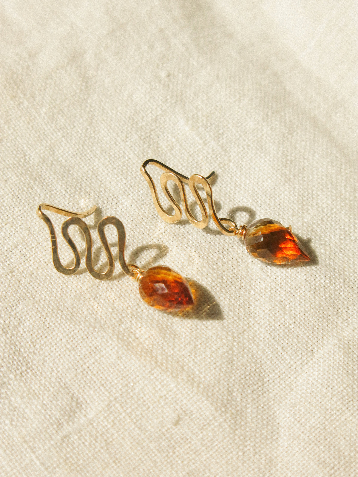 Petit Serpent: Textured Mini Snake and Brandy Citrine Earrings, 14K Gold Fill