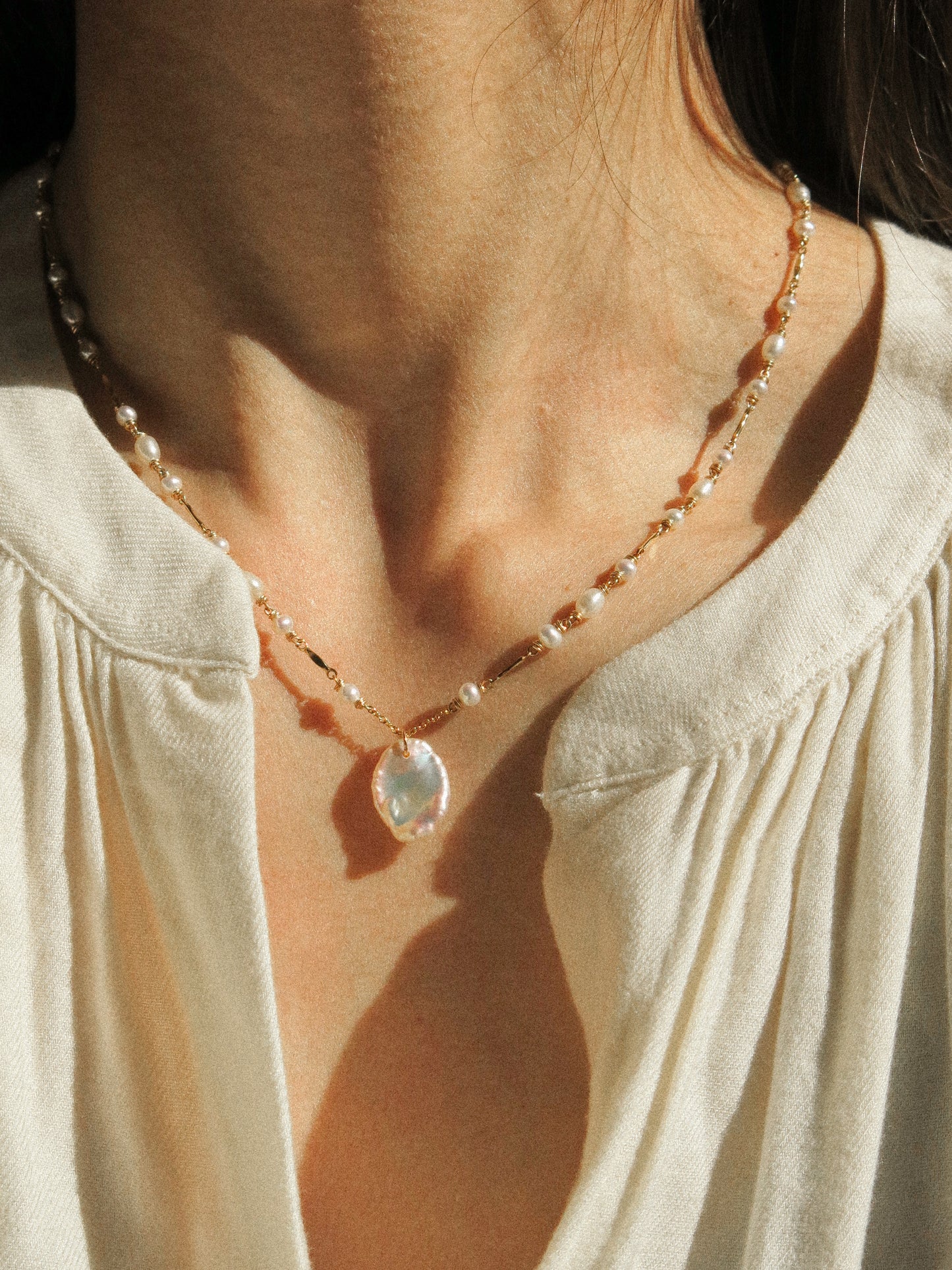 White Petal Keshi Pearl Necklace in Delicate Chain with AAA Pearls and Dapped Bars, 17", 14K Gold Fill