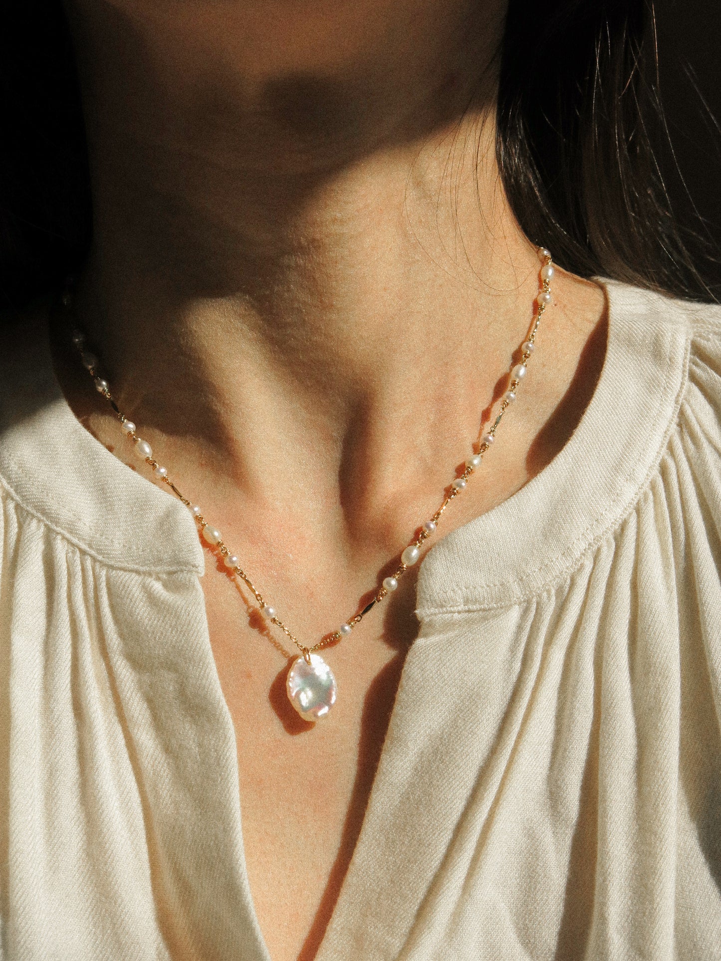 White Petal Keshi Pearl Necklace in Delicate Chain with AAA Pearls and Dapped Bars, 17", 14K Gold Fill