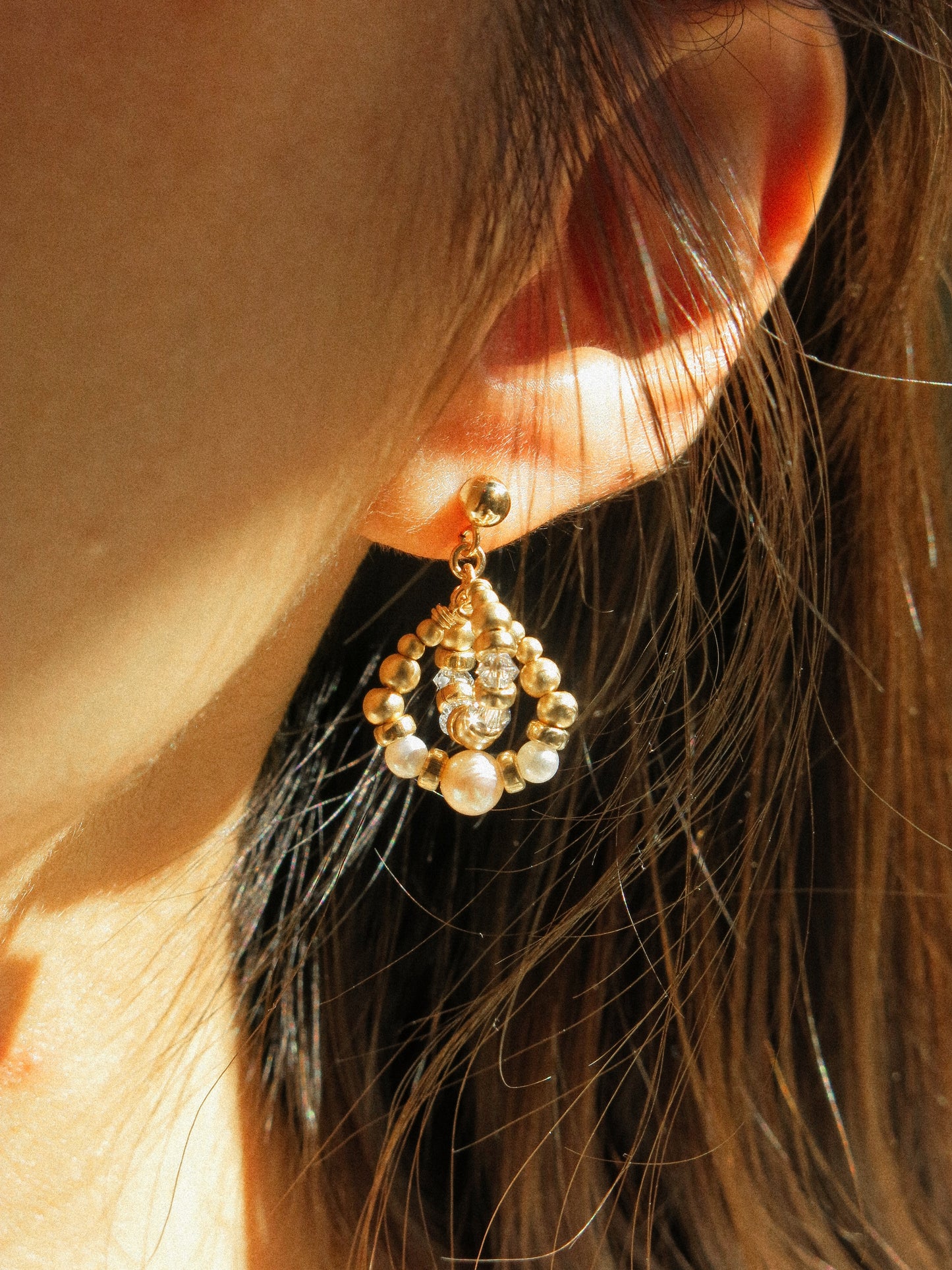 Intertwined Halo Earrings with White Pearl and Baby Blue Swarovski Crystals, 14K Gold Fill