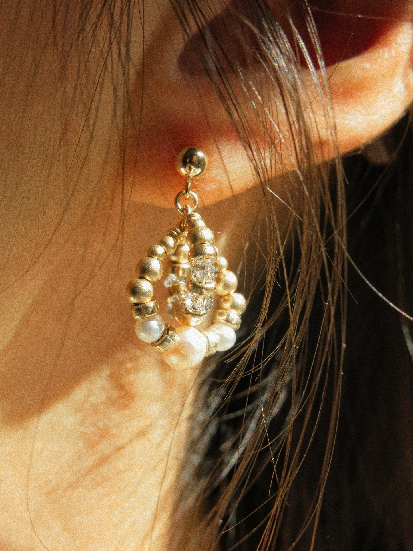 Intertwined Halo Earrings with White Pearl and Baby Blue Swarovski Crystals, 14K Gold Fill