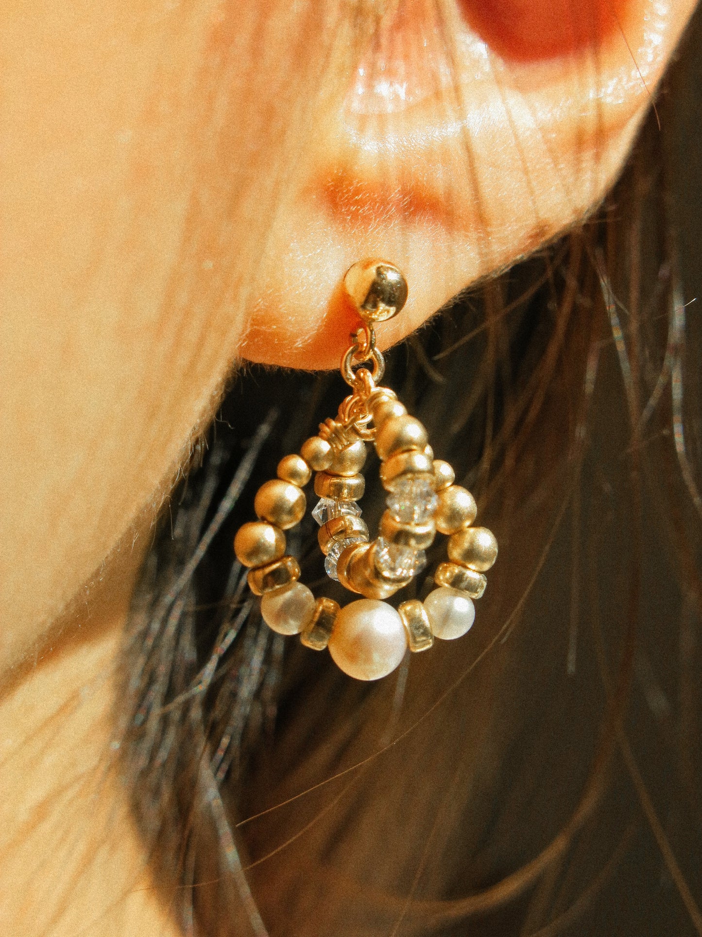 Intertwined Halo Earrings with White Pearl and Baby Blue Swarovski Crystals, 14K Gold Fill