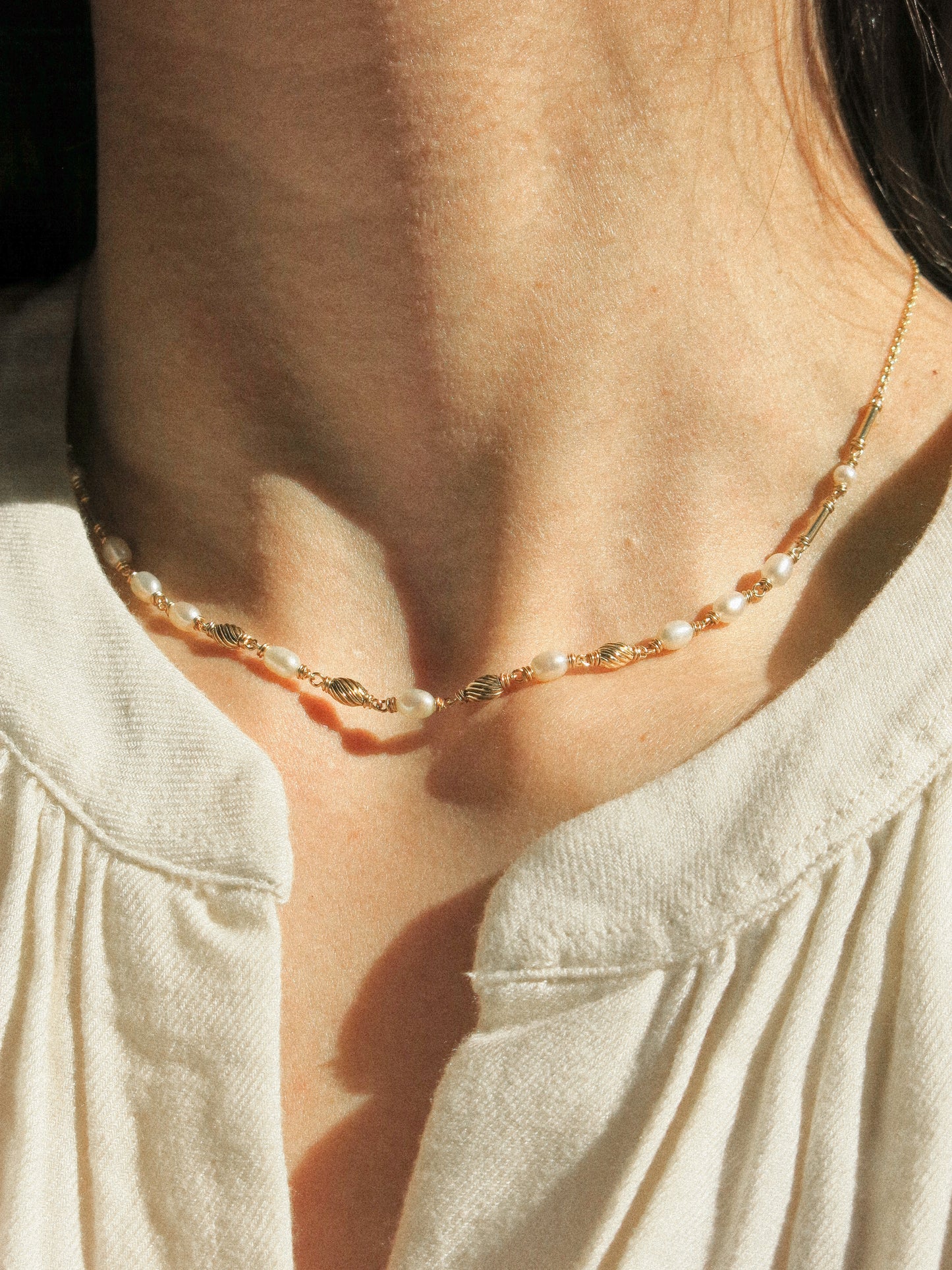 Minimalist White Pearl Choker Necklace with Gold Fill Beads, 15.25", 14K Gold Fill