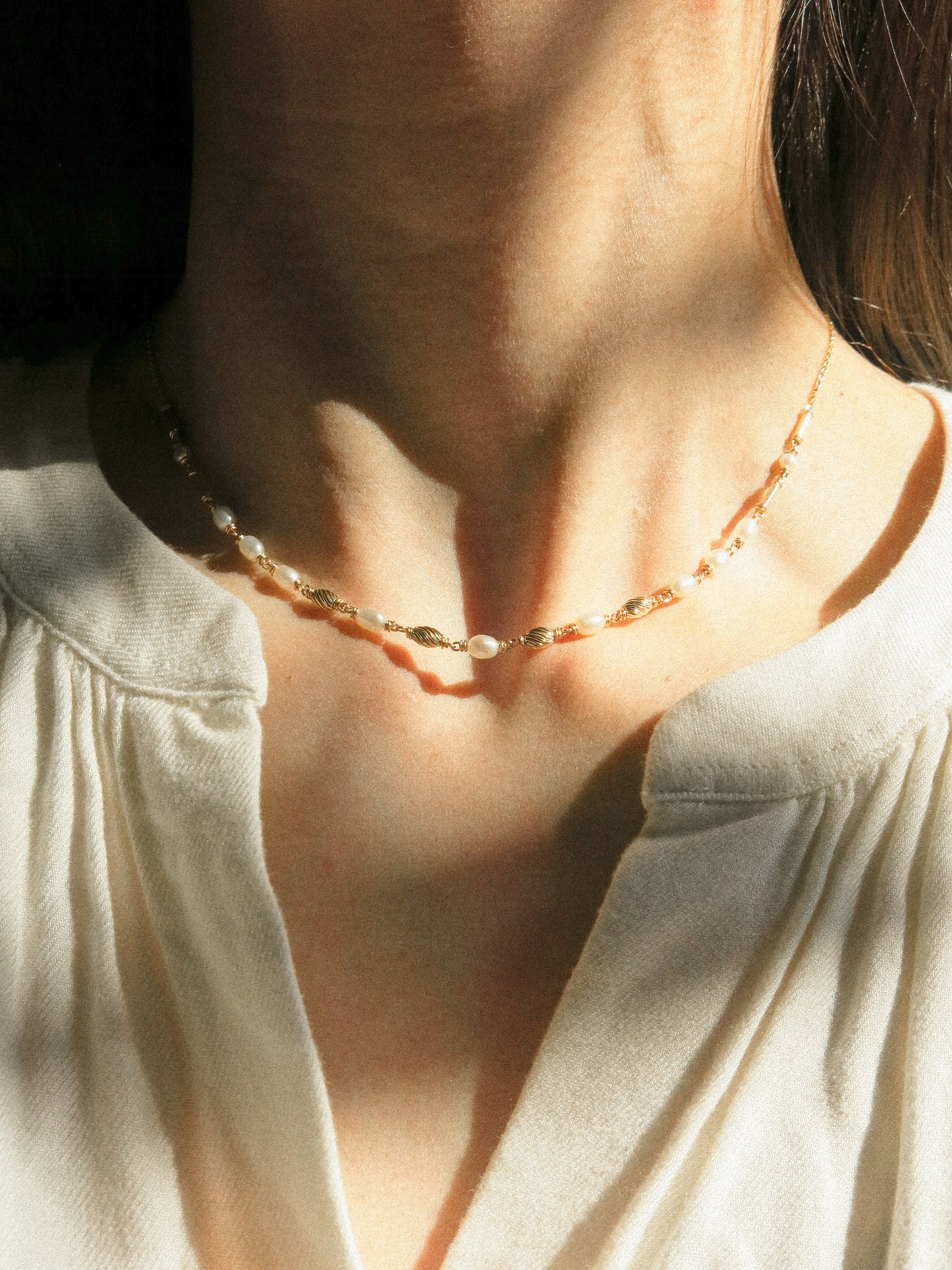 Minimalist White Pearl Choker Necklace with Gold Fill Beads, 15.25", 14K Gold Fill