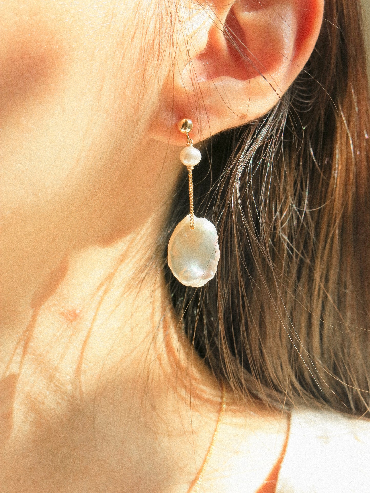 Petal Keshi Pearl on Ball Post Earrings on Curb Chain, 14K Gold Fill