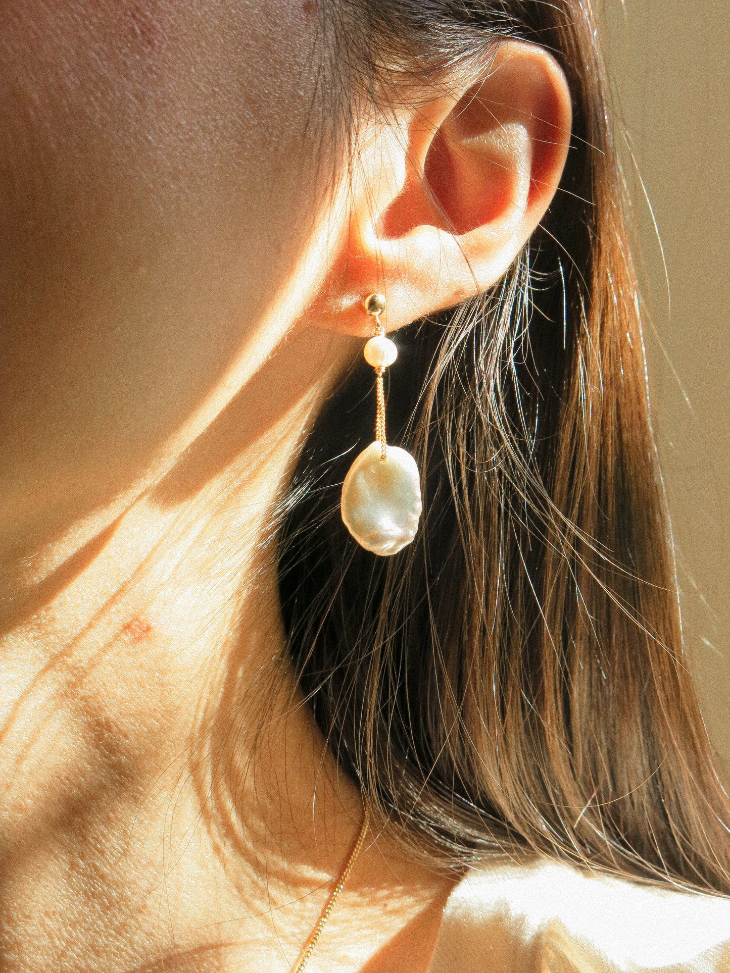 Petal Keshi Pearl on Ball Post Earrings on Curb Chain, 14K Gold Fill