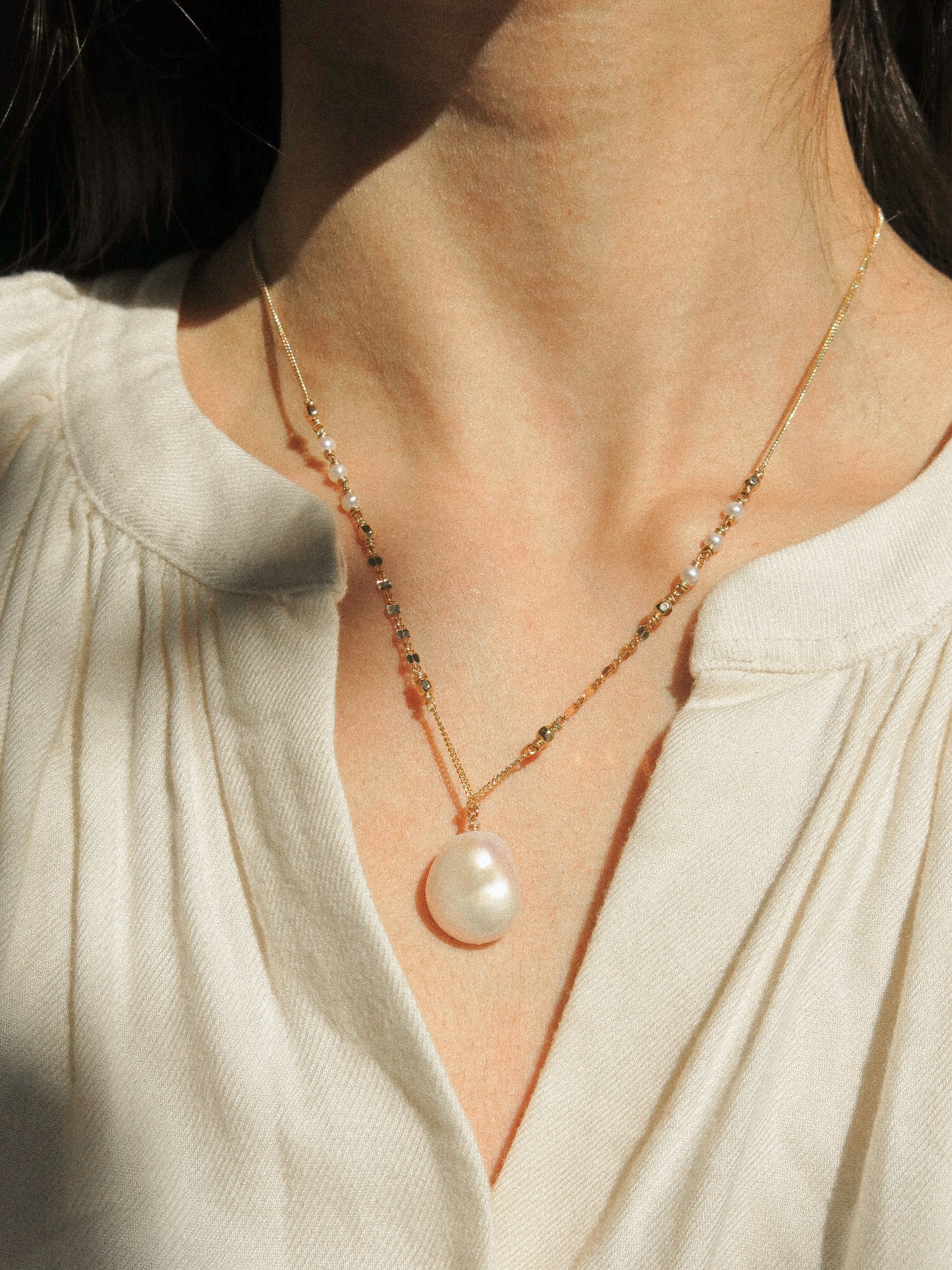 AAA White Organic Coin Keshi Pearl Necklace in Delicate Accent Chain, 18", 14K Gold Fill