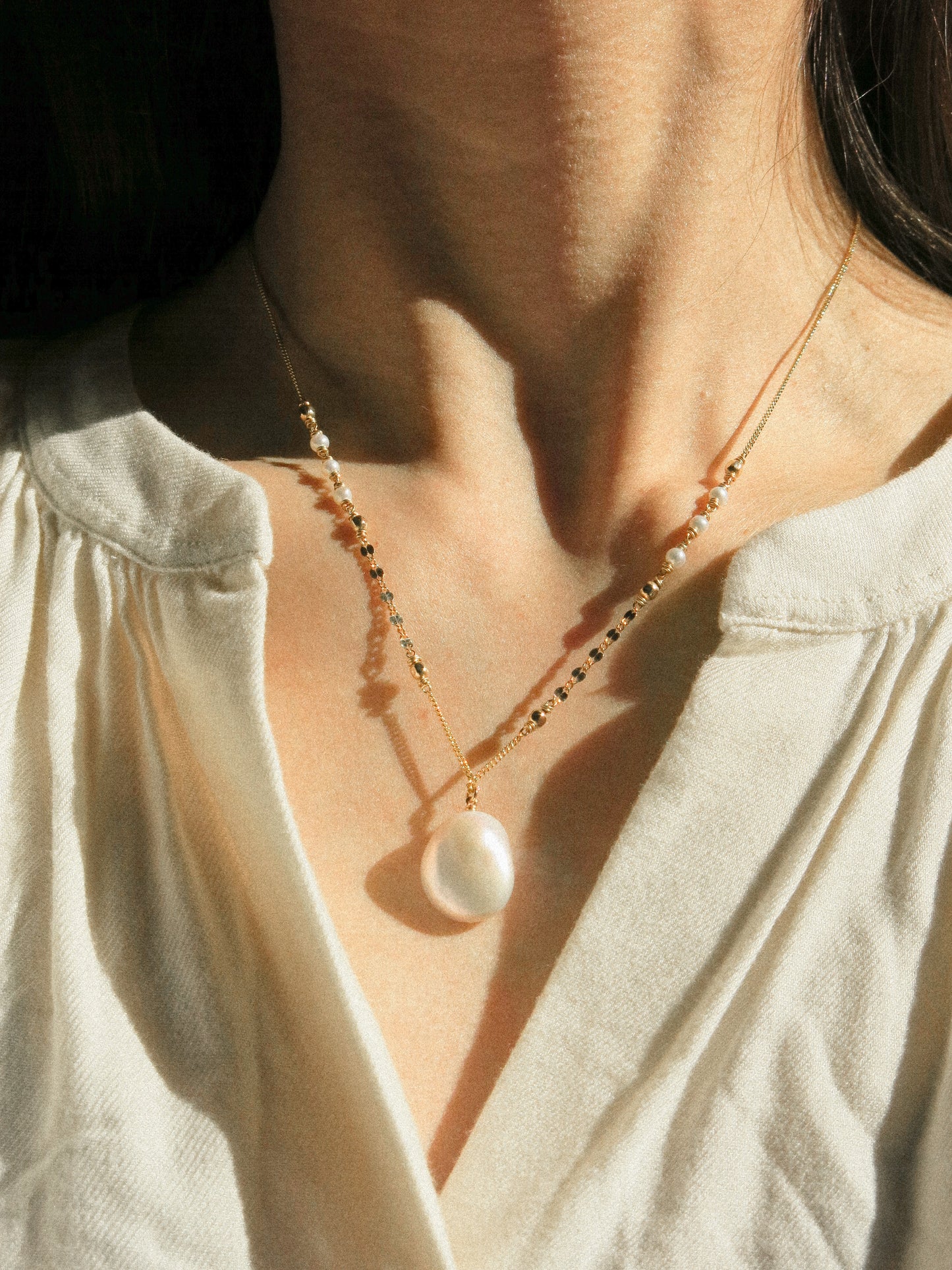 AAA White Organic Coin Keshi Pearl Necklace in Delicate Accent Chain, 18", 14K Gold Fill