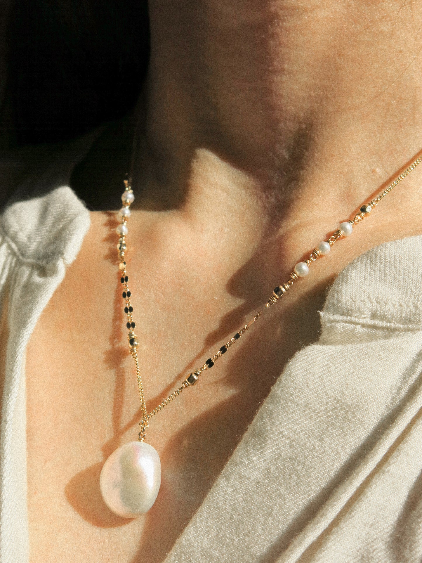 AAA White Organic Coin Keshi Pearl Necklace in Delicate Accent Chain, 18", 14K Gold Fill