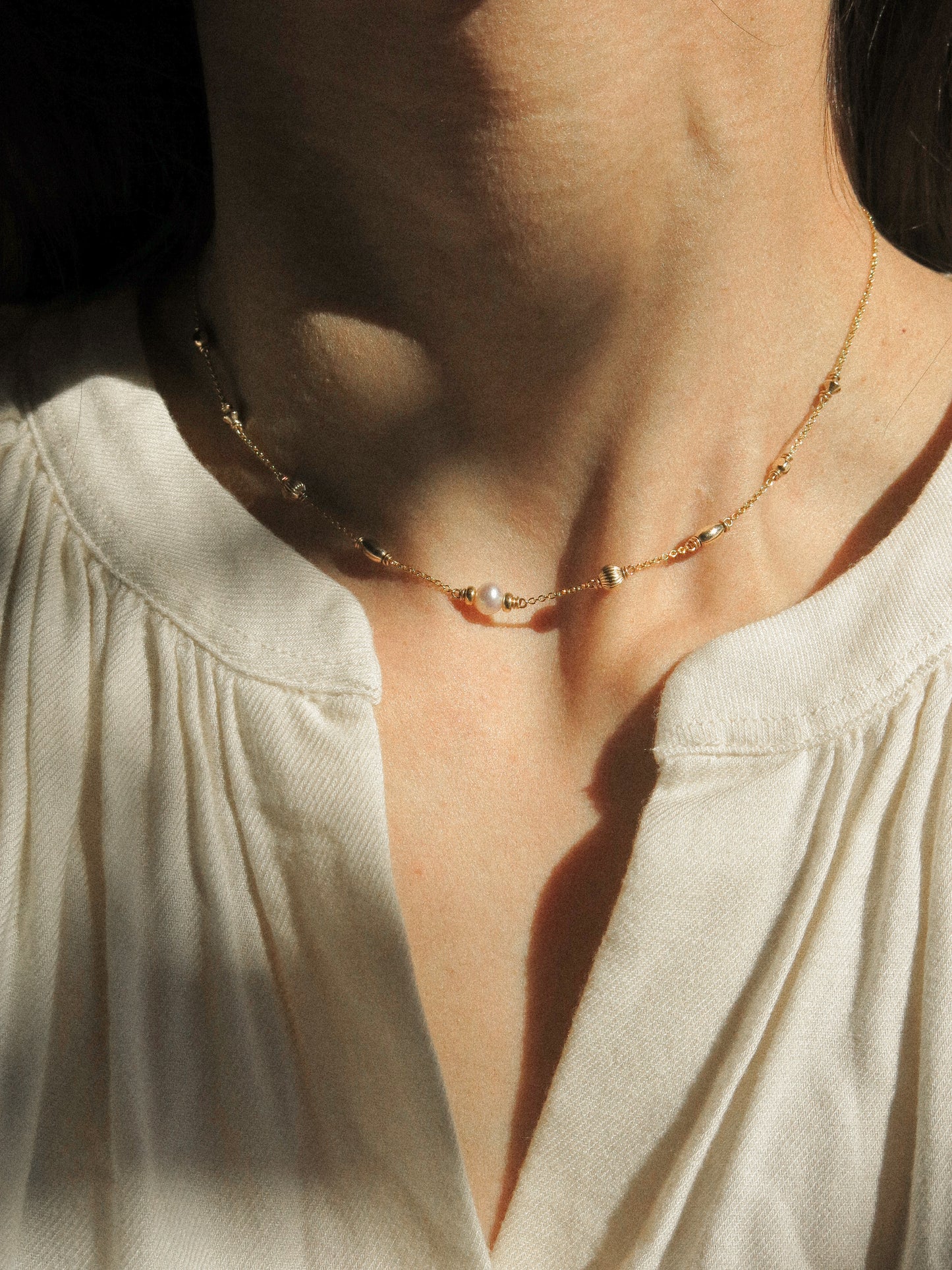 AAA White Pearl Choker Necklace with Asymmetric Beads, 14.5", 14K Gold Fill