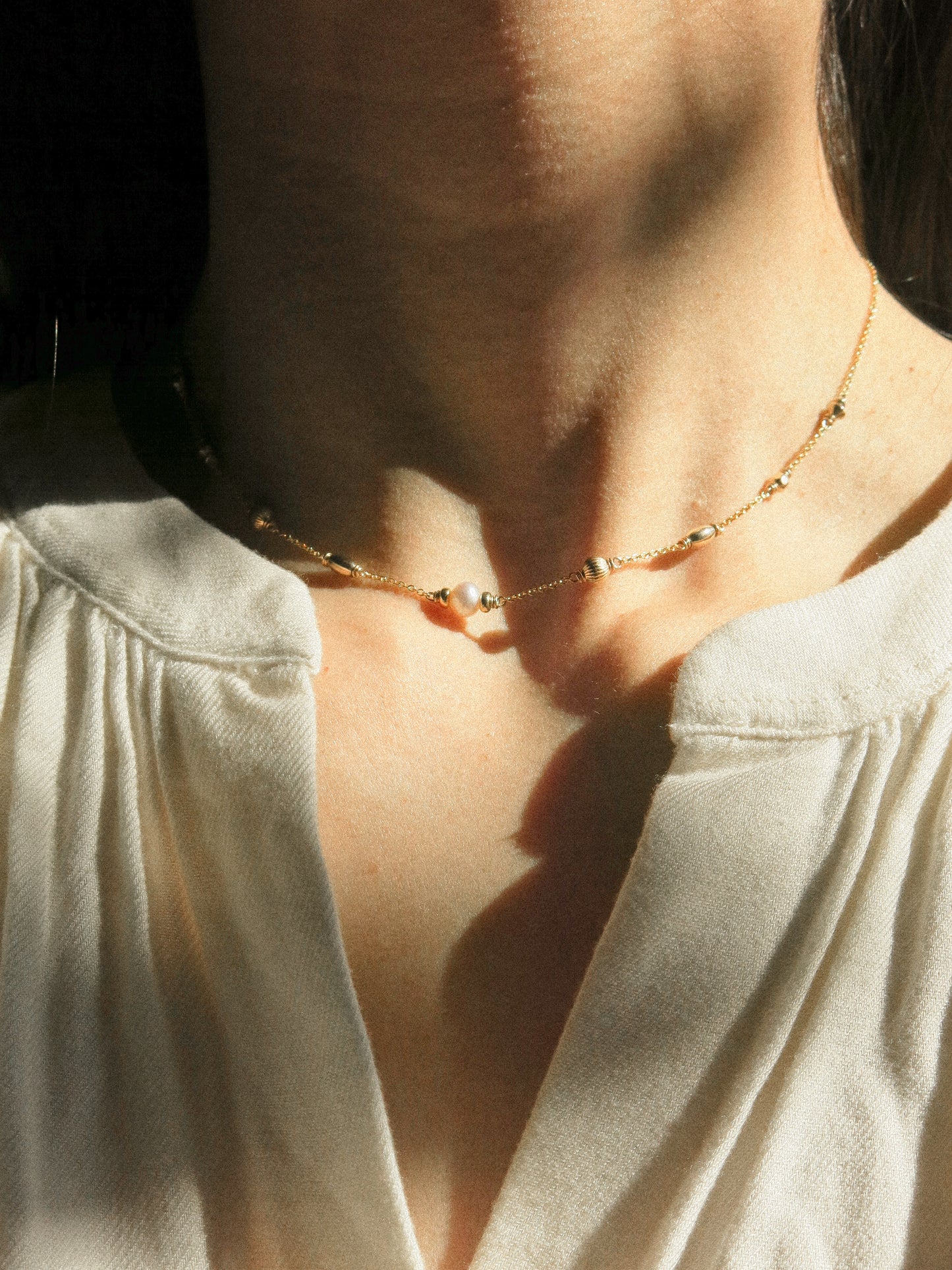 AAA White Pearl Choker Necklace with Asymmetric Beads, 14.5", 14K Gold Fill