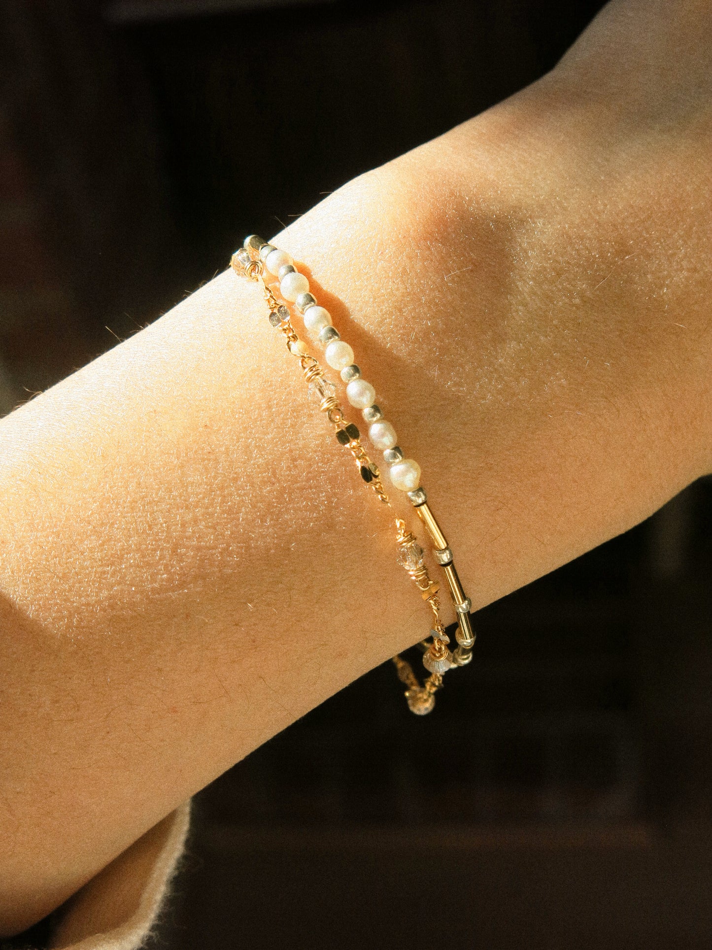 Double Bracelet with Magnetic Clasp in White Pearls, Swavorski Crystals, Silver Miyuki Beads, and Dapped Sequin Chain, 6.25", 14k Gold Fill