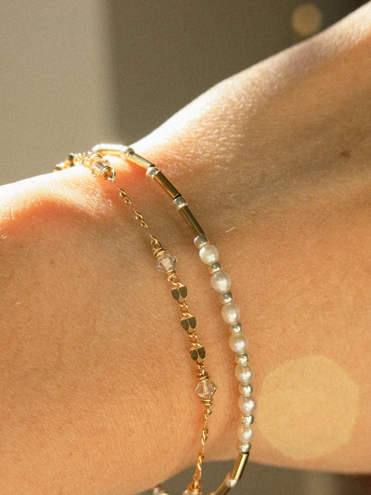 Double Bracelet with Magnetic Clasp in White Pearls, Swavorski Crystals, Silver Miyuki Beads, and Dapped Sequin Chain, 6.25", 14k Gold Fill
