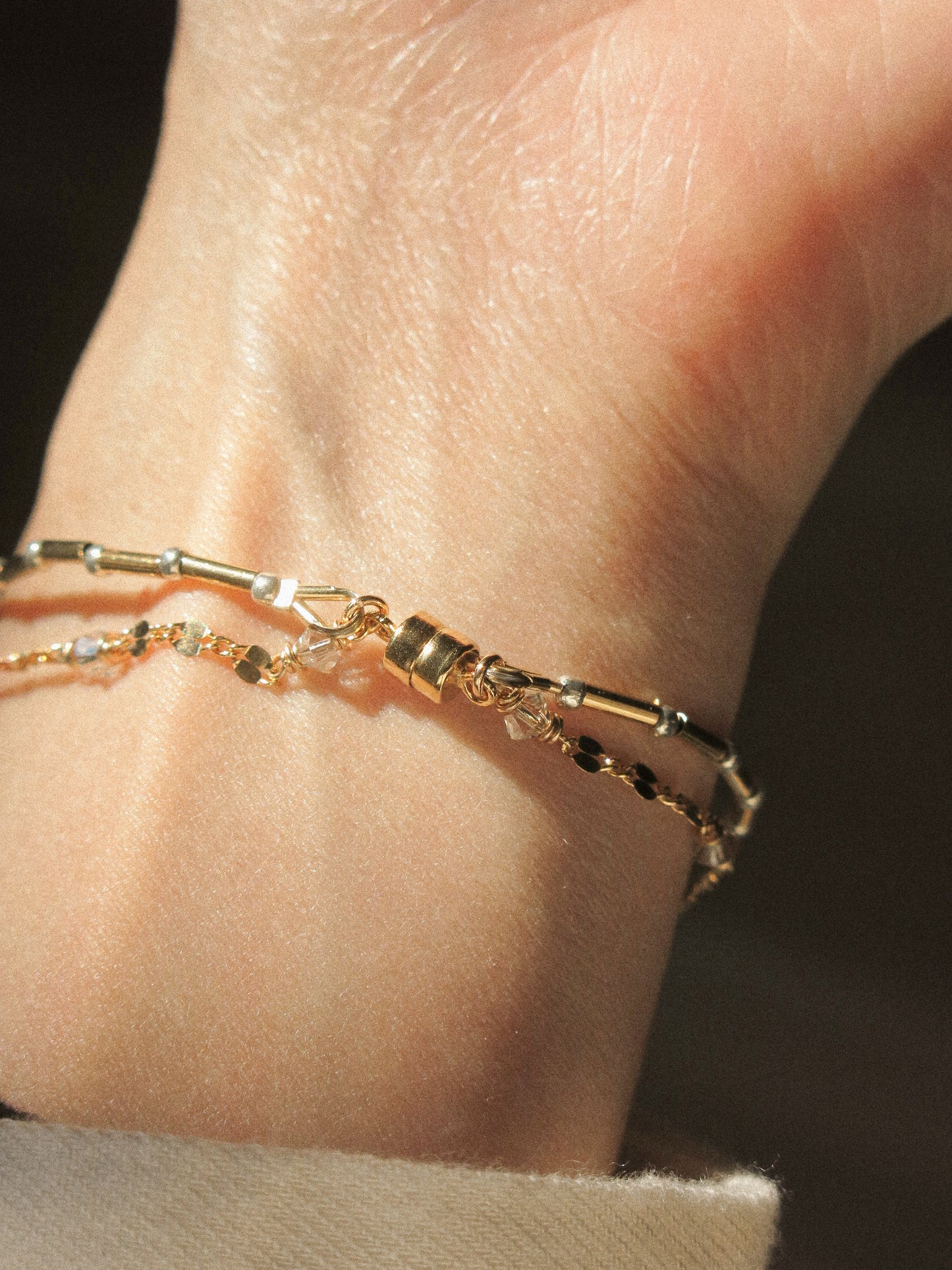 Double Bracelet with Magnetic Clasp in White Pearls, Swavorski Crystals, Silver Miyuki Beads, and Dapped Sequin Chain, 6.25", 14k Gold Fill