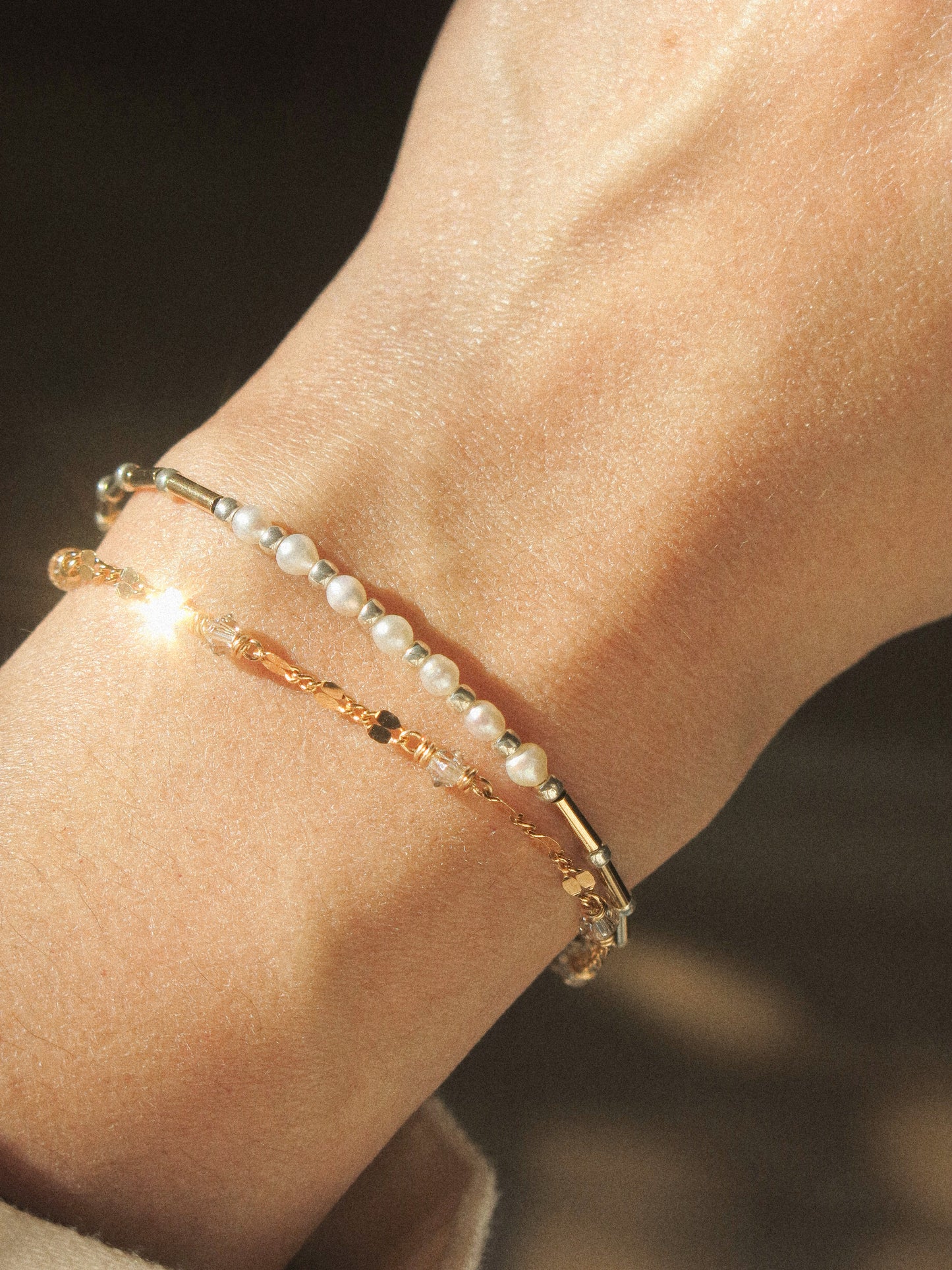 Double Bracelet with Magnetic Clasp in White Pearls, Swavorski Crystals, Silver Miyuki Beads, and Dapped Sequin Chain, 6.25", 14k Gold Fill