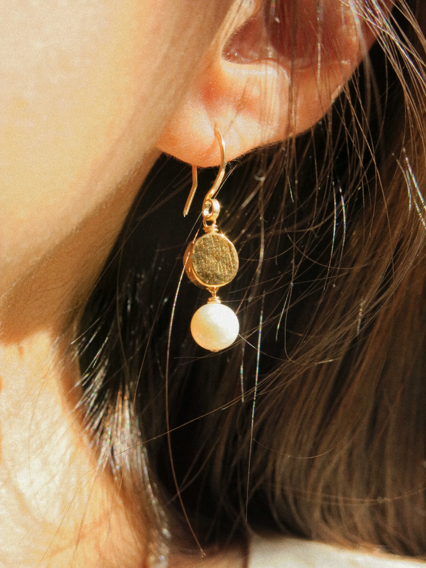 18K Gold Vermeil Textured Coin and White Edison Round Pearl Dangle Earrings, 14K Gold Fill