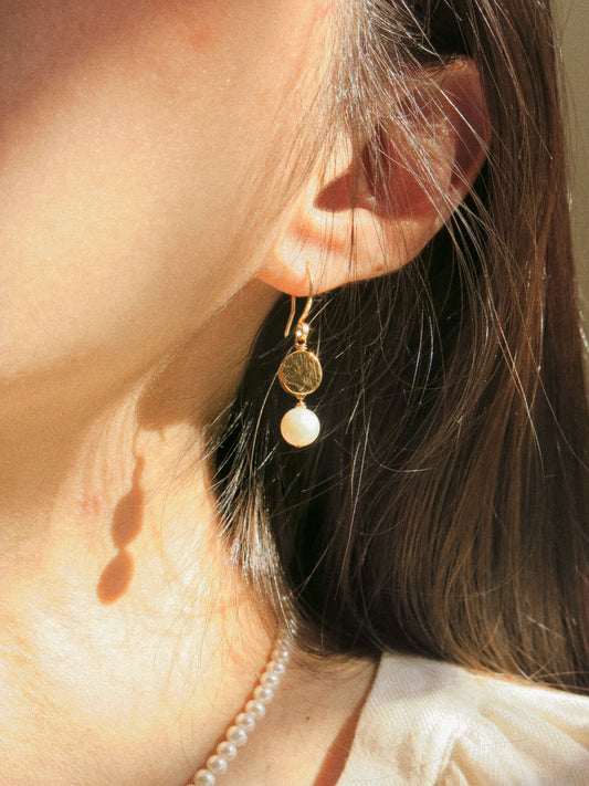 18K Gold Vermeil Textured Coin and White Edison Round Pearl Dangle Earrings, 14K Gold Fill