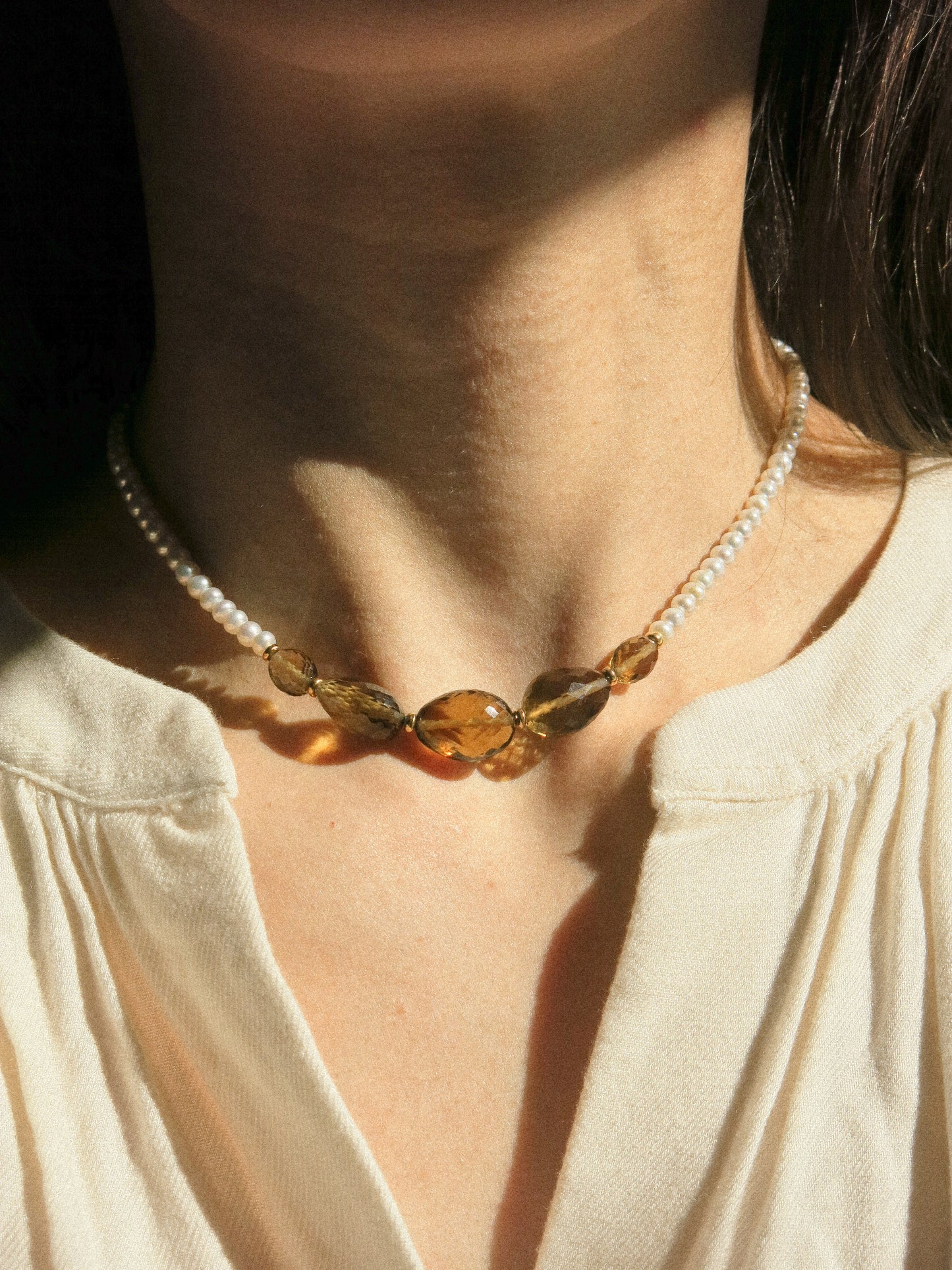 Graduated Oval Faceted Cognac Quartz Oval Strung Choker Necklace with White Pearls and Gold Fill Rondelle Beads, 14.5", 14K Gold Fill