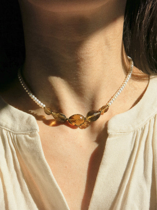 Graduated Oval Faceted Cognac Quartz Oval Strung Choker Necklace with White Pearls and Gold Fill Rondelle Beads, 14.5", 14K Gold Fill