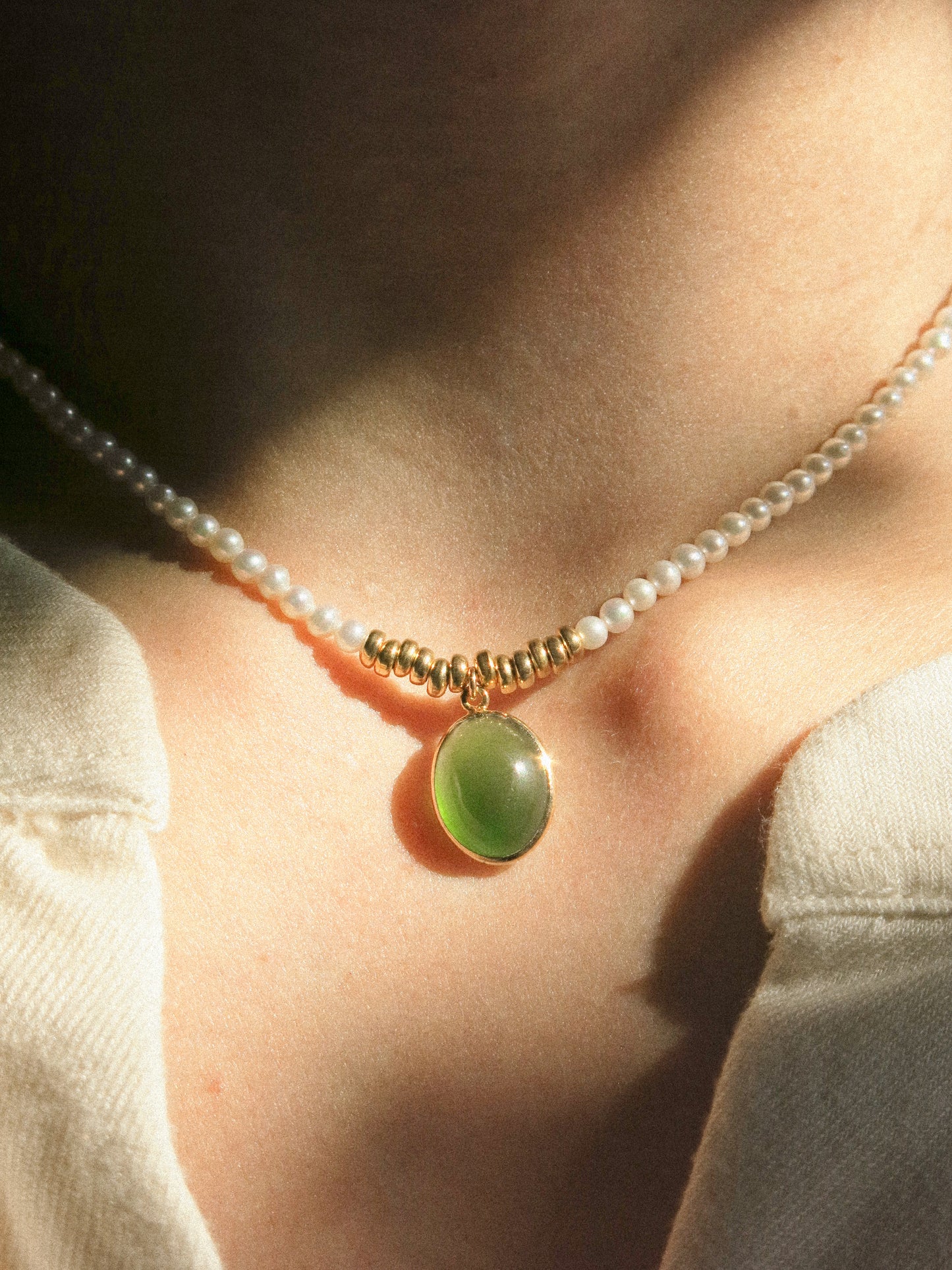 18K Gold Vermeil Bezel Set Serpentine Strung Choker Necklace with White Pearls and Gold Fill Rondelle Beads, 15", 14K Gold Fill